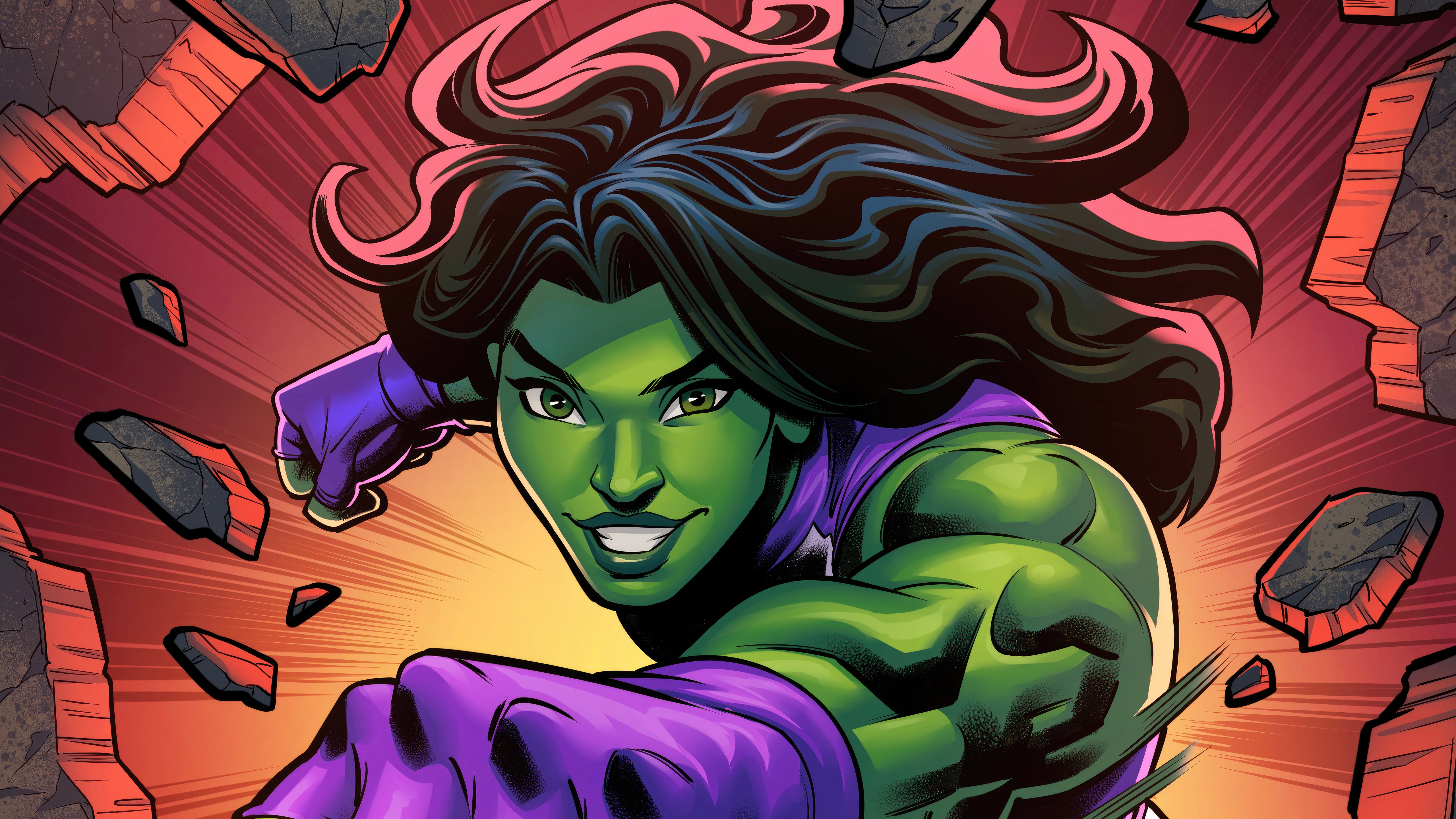 She-Hulk punching through rocks HD Wallpaper