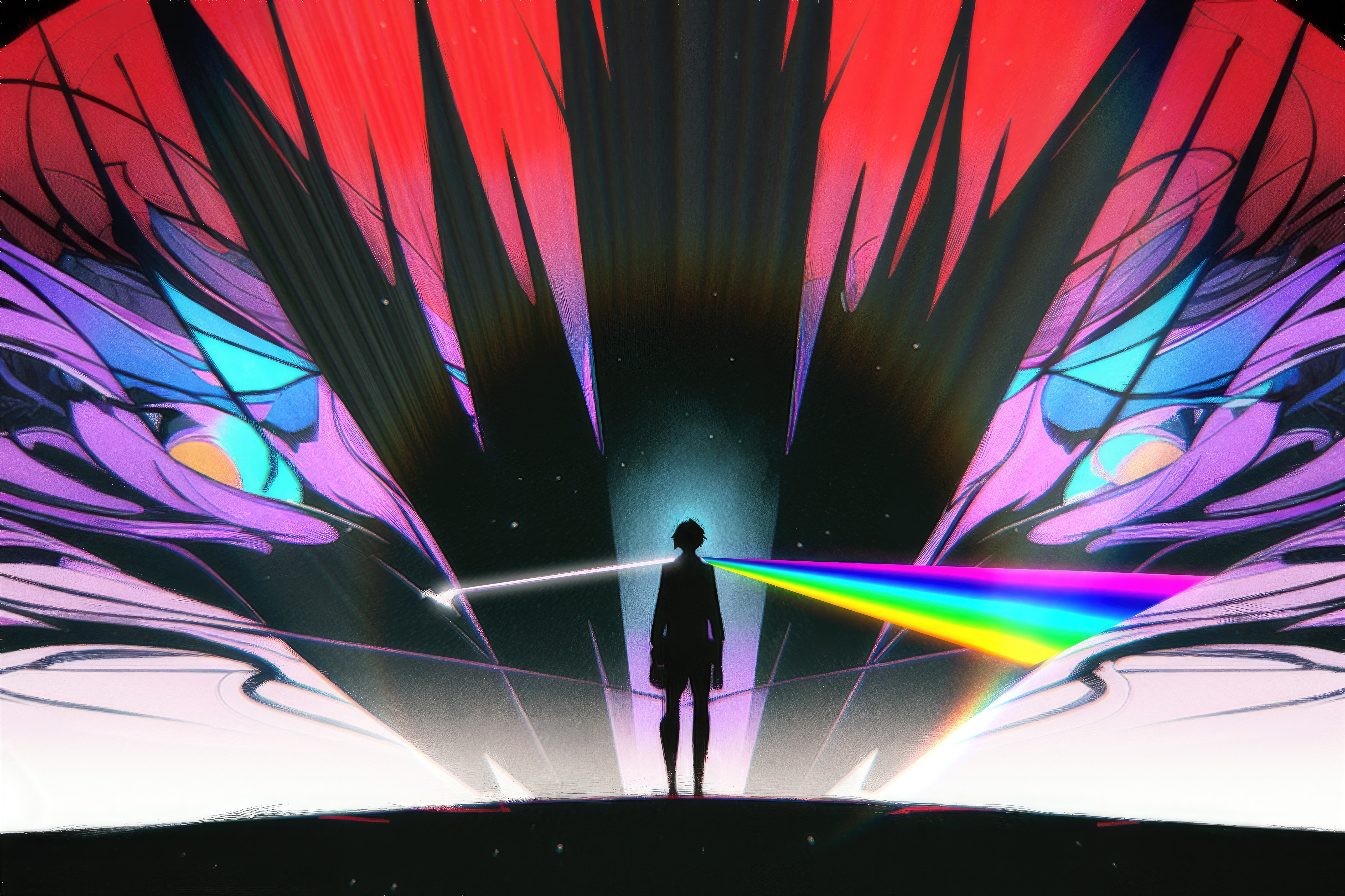 Person standing before a prism and abstract art HD Wallpaper