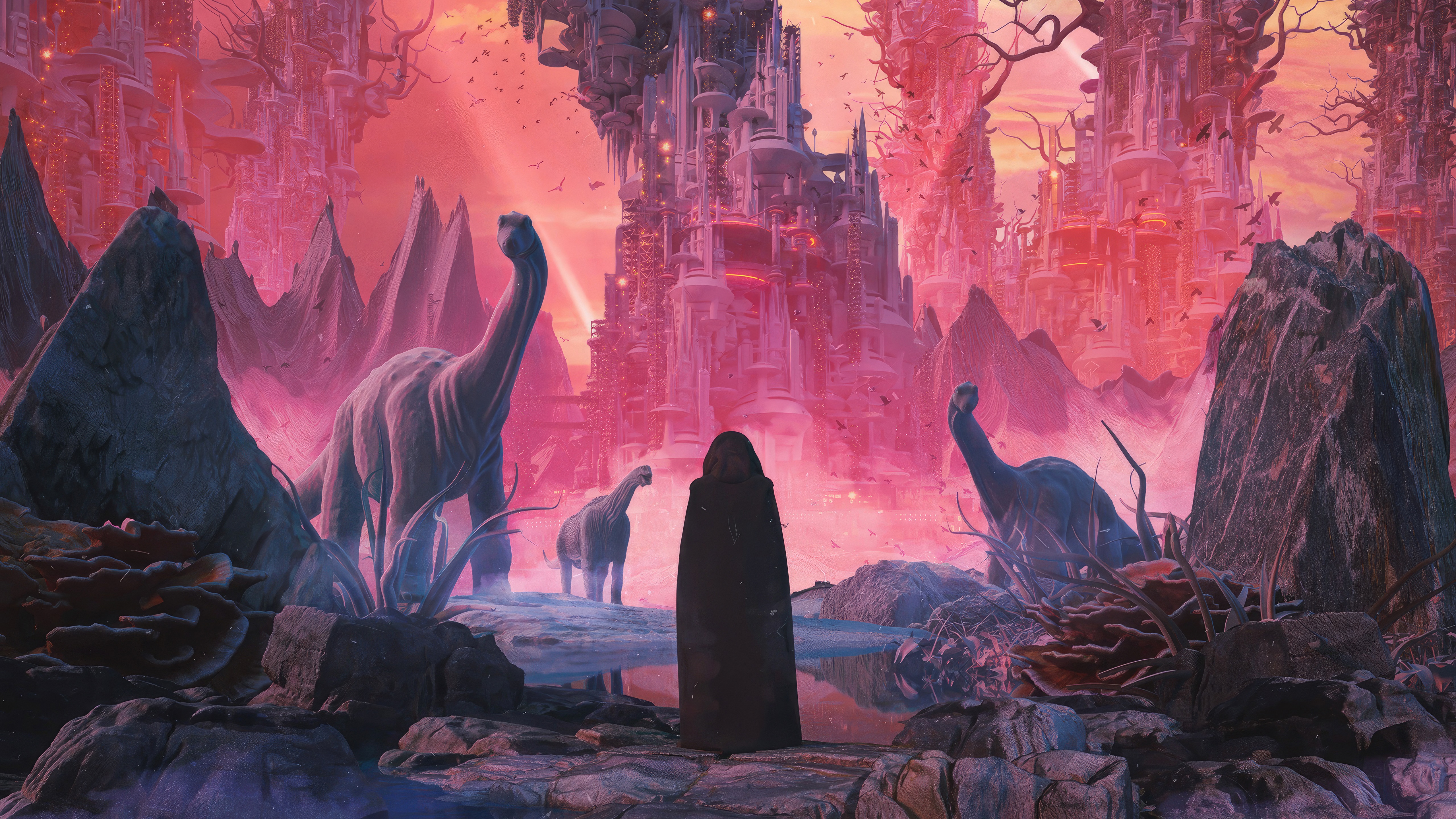 Fantasy landscape with dinosaurs and futuristic city HD Wallpaper
