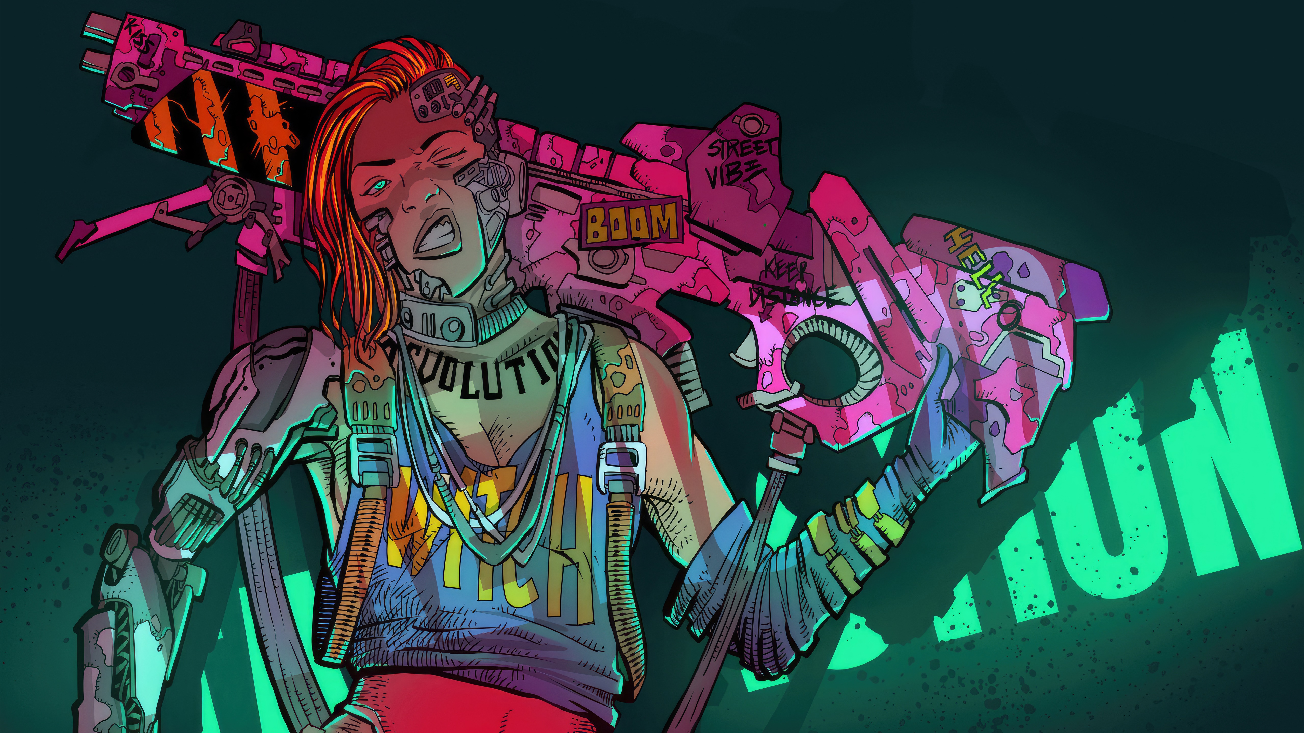 Cyberpunk woman with a large weapon HD Wallpaper