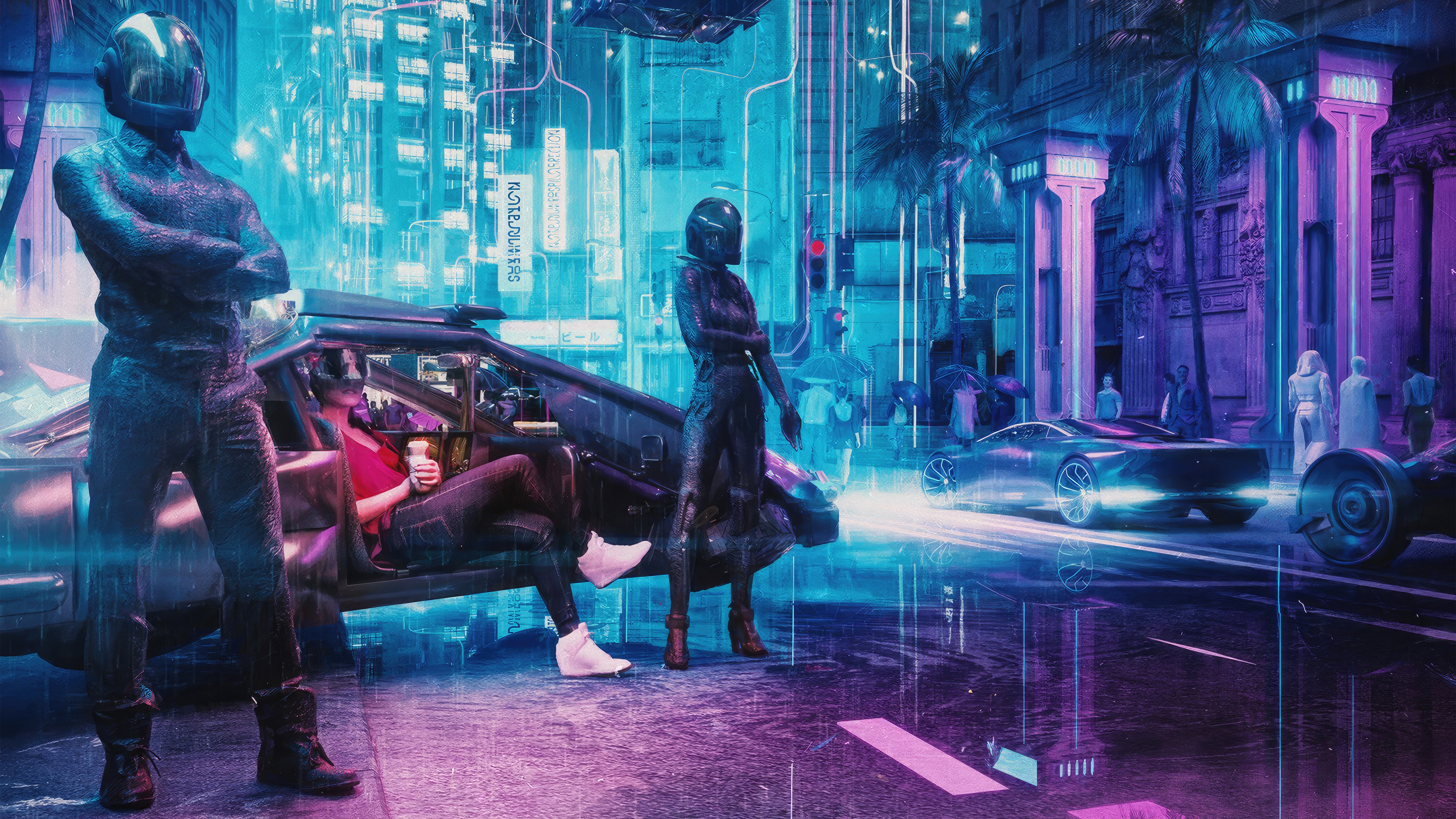 Cyberpunk city street with futuristic car and people HD Wallpaper
