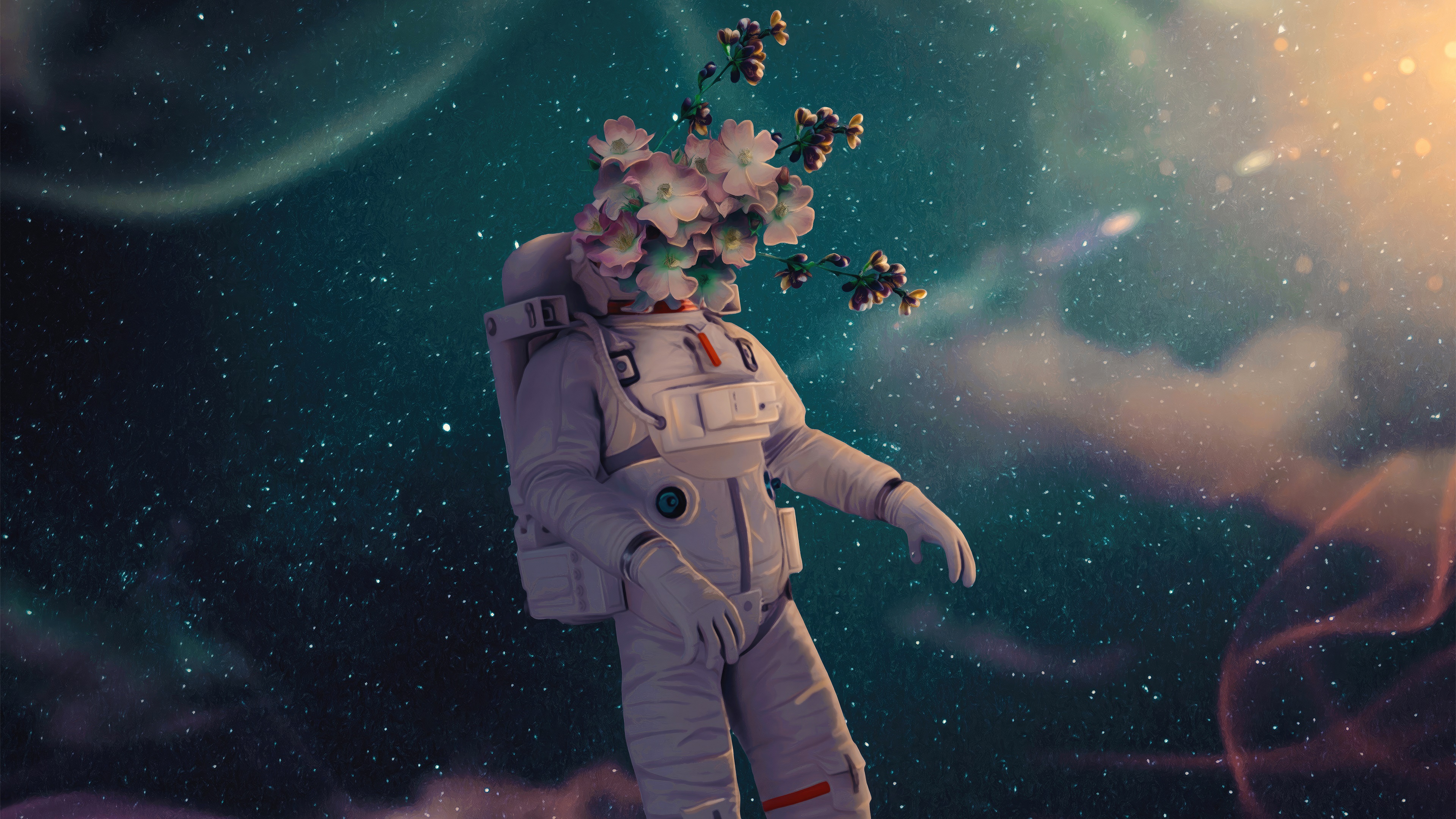 Astronaut with flowers in space HD Wallpaper