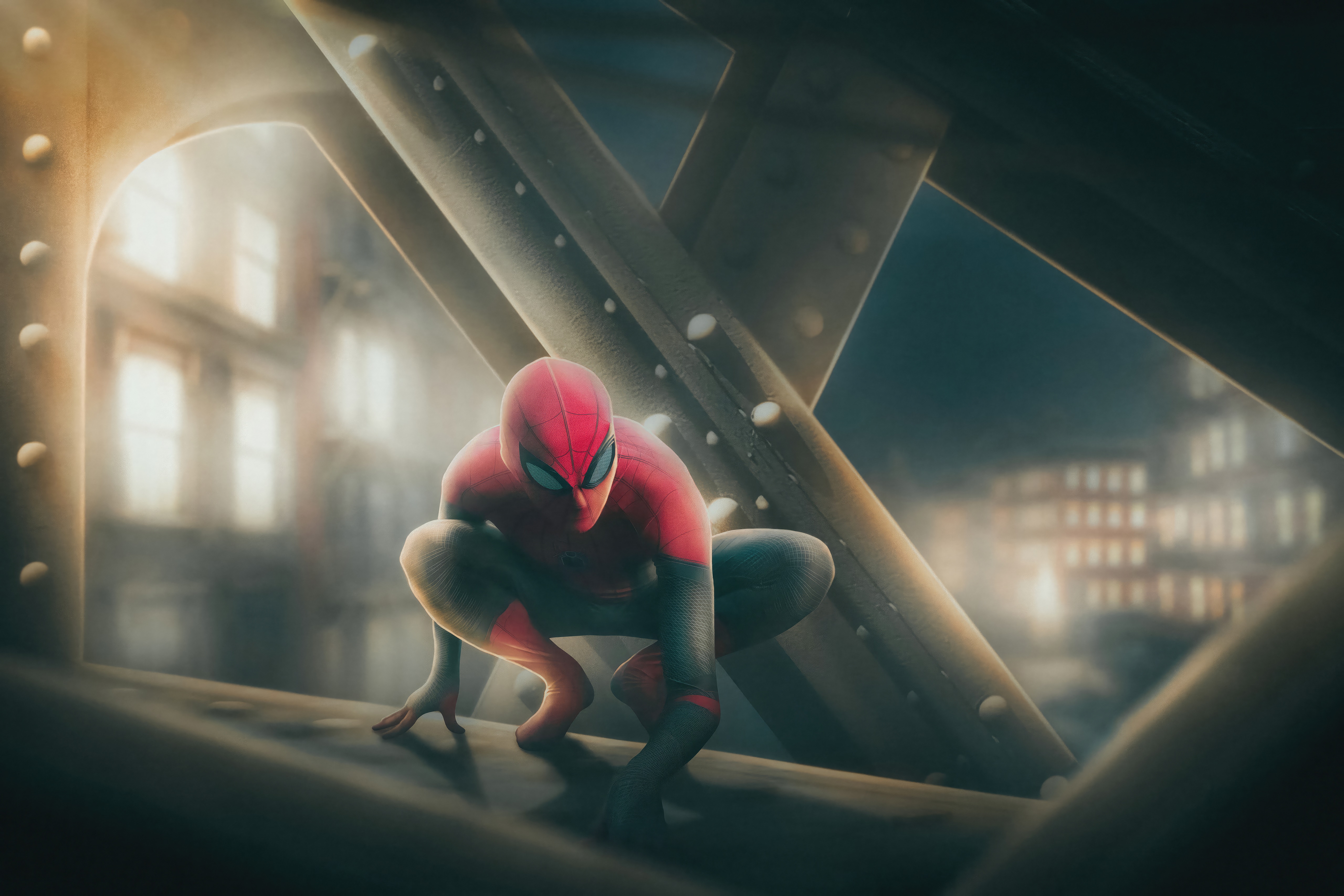 Spider-Man crouching on a bridge structure HD Wallpaper