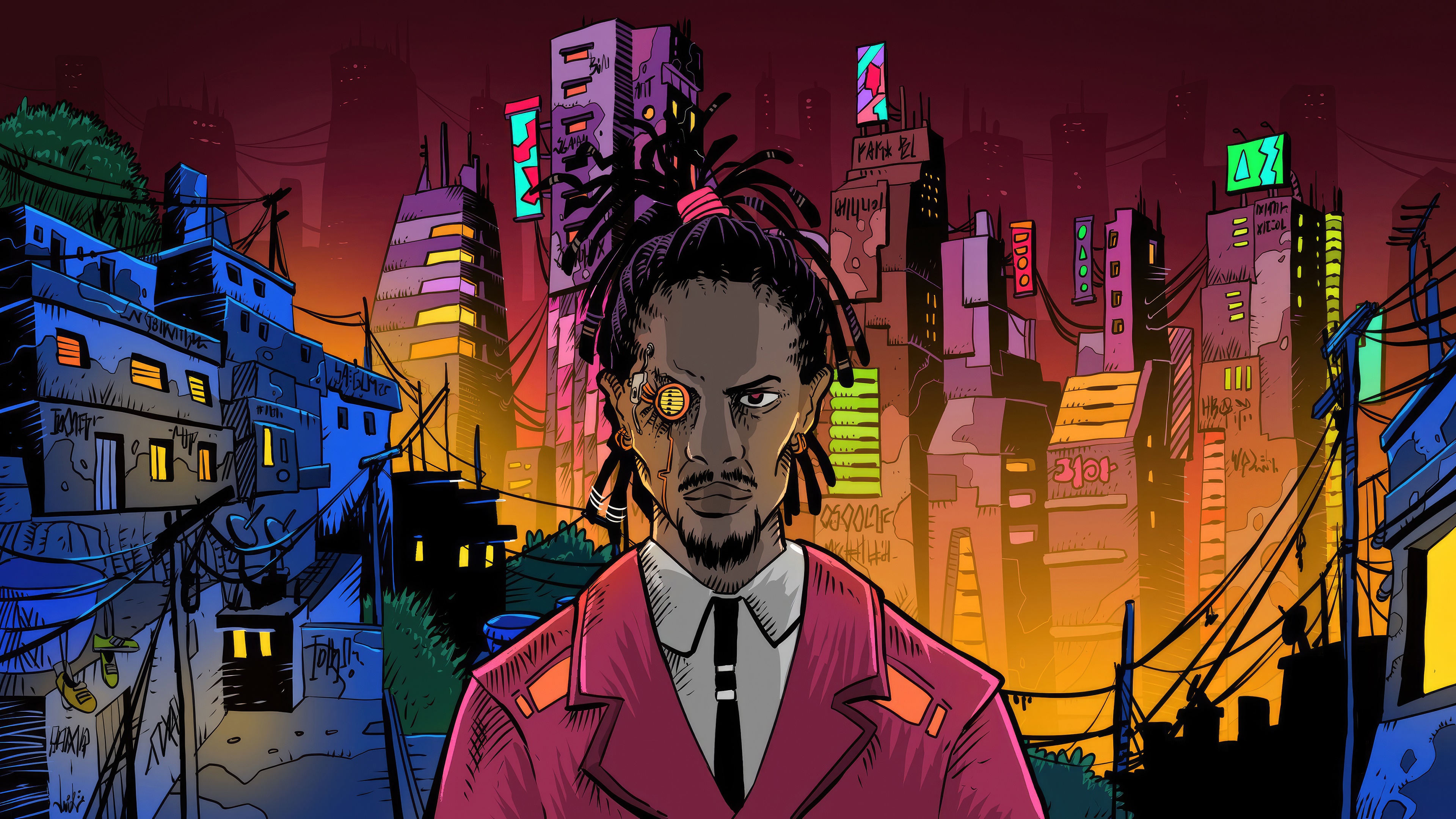 Cyberpunk man with cybernetic eye in futuristic city HD Wallpaper