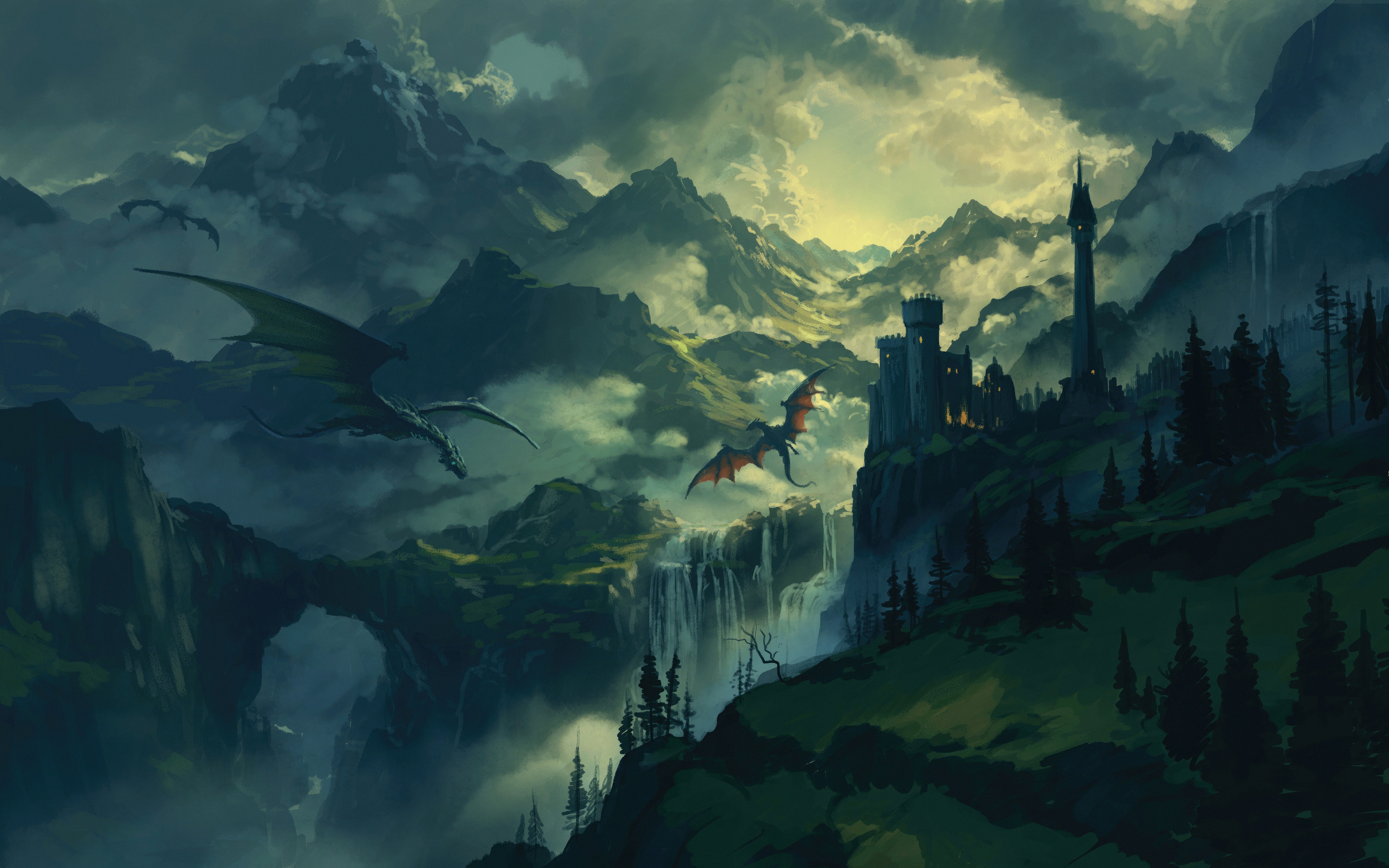 Dragons flying over a castle in a mountainous landscape HD Wallpaper