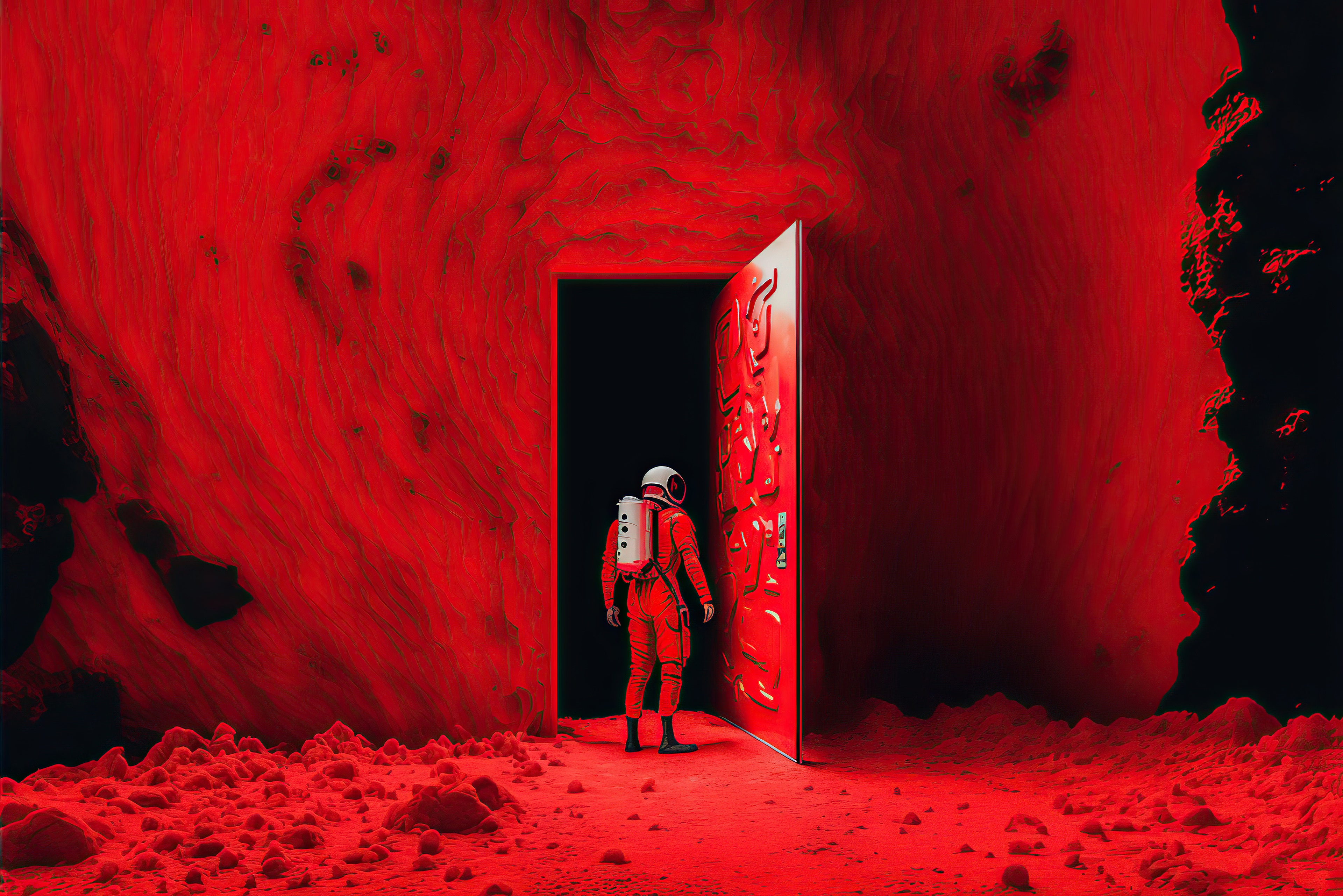 Astronaut in a red cave facing a red door HD Wallpaper
