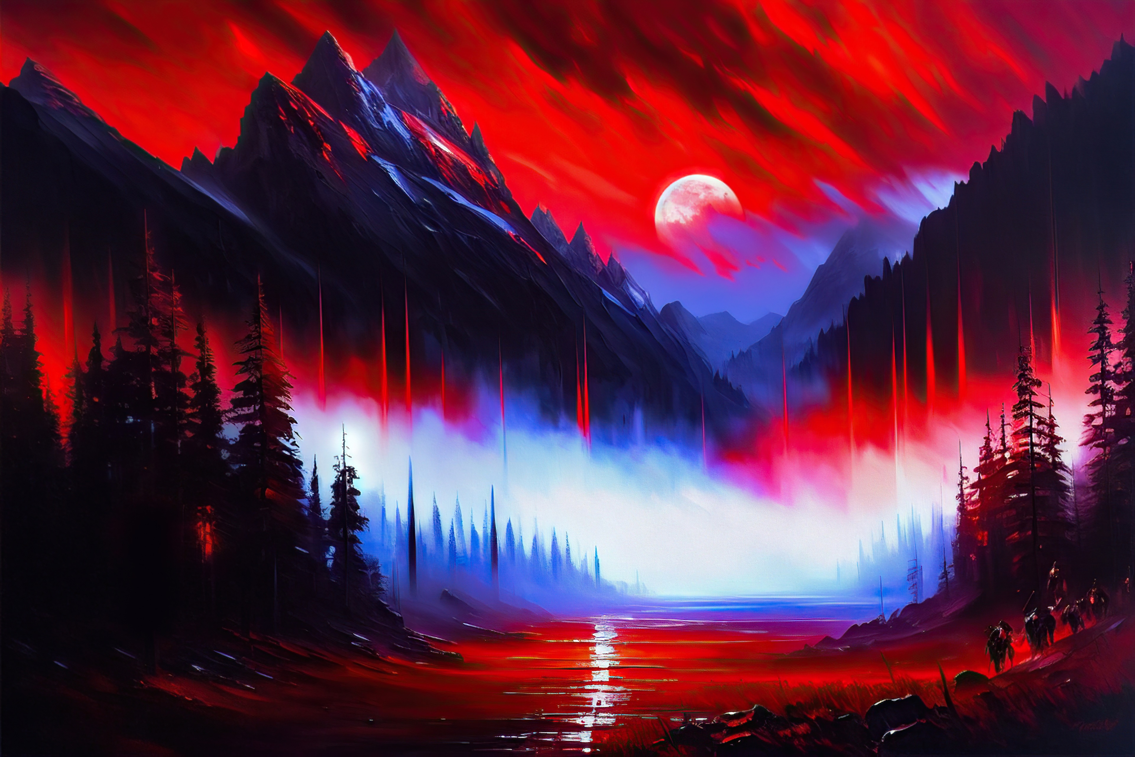 Digital Art Landscape with Mountains and Moon HD Wallpaper