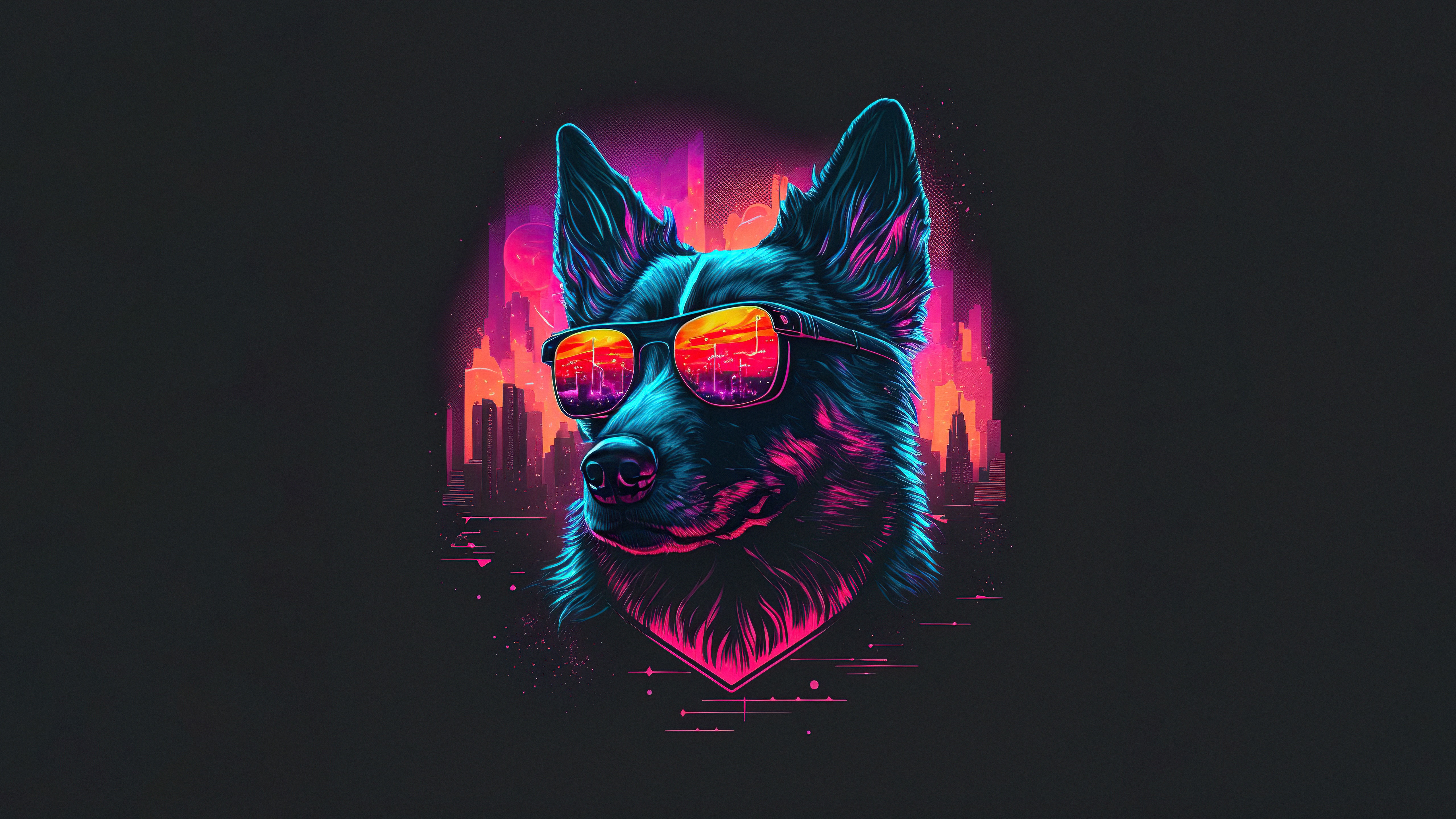 Retrowave dog wearing sunglasses with city skyline HD Wallpaper