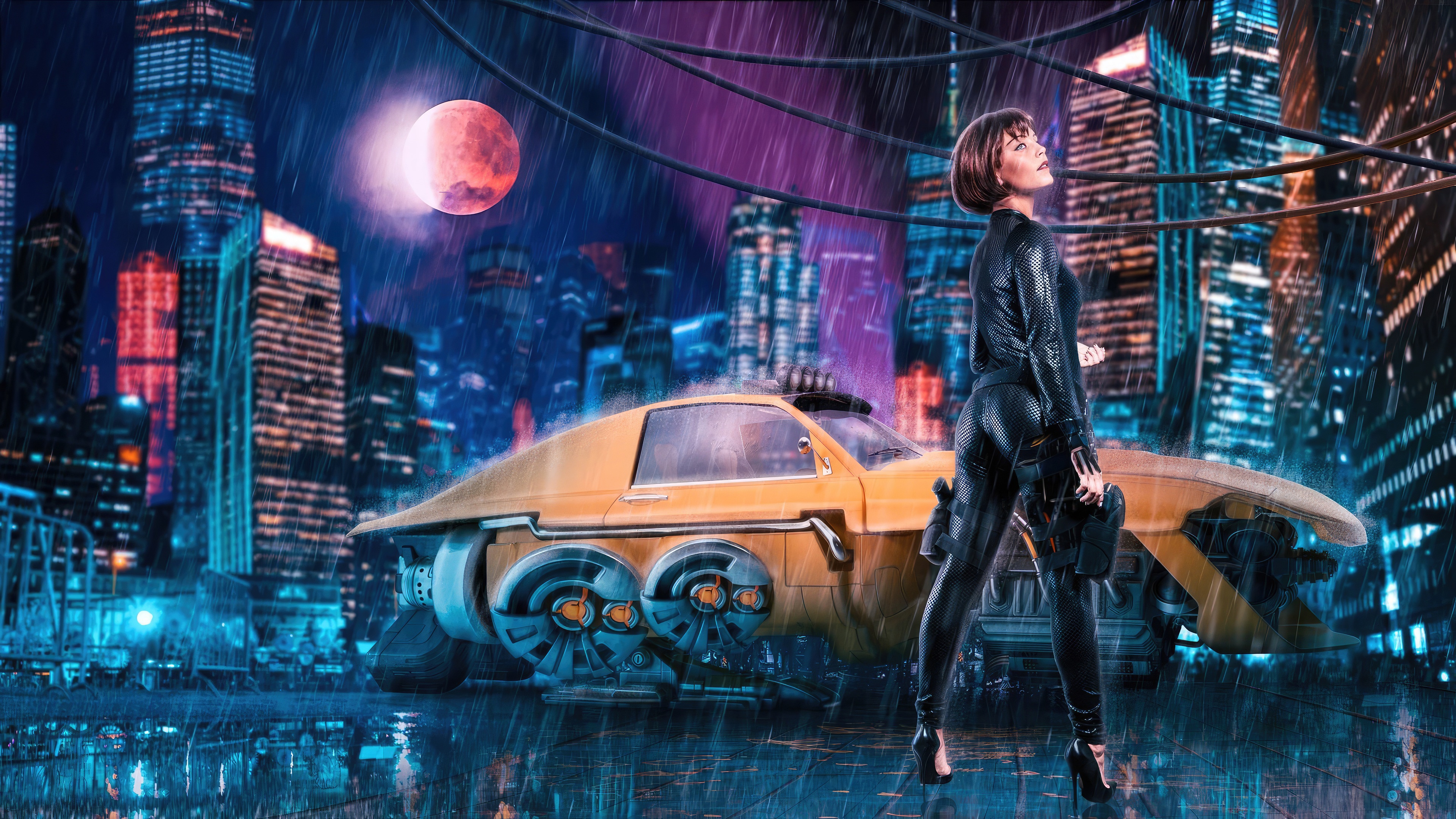 Cyberpunk woman with futuristic car in rainy city HD Wallpaper
