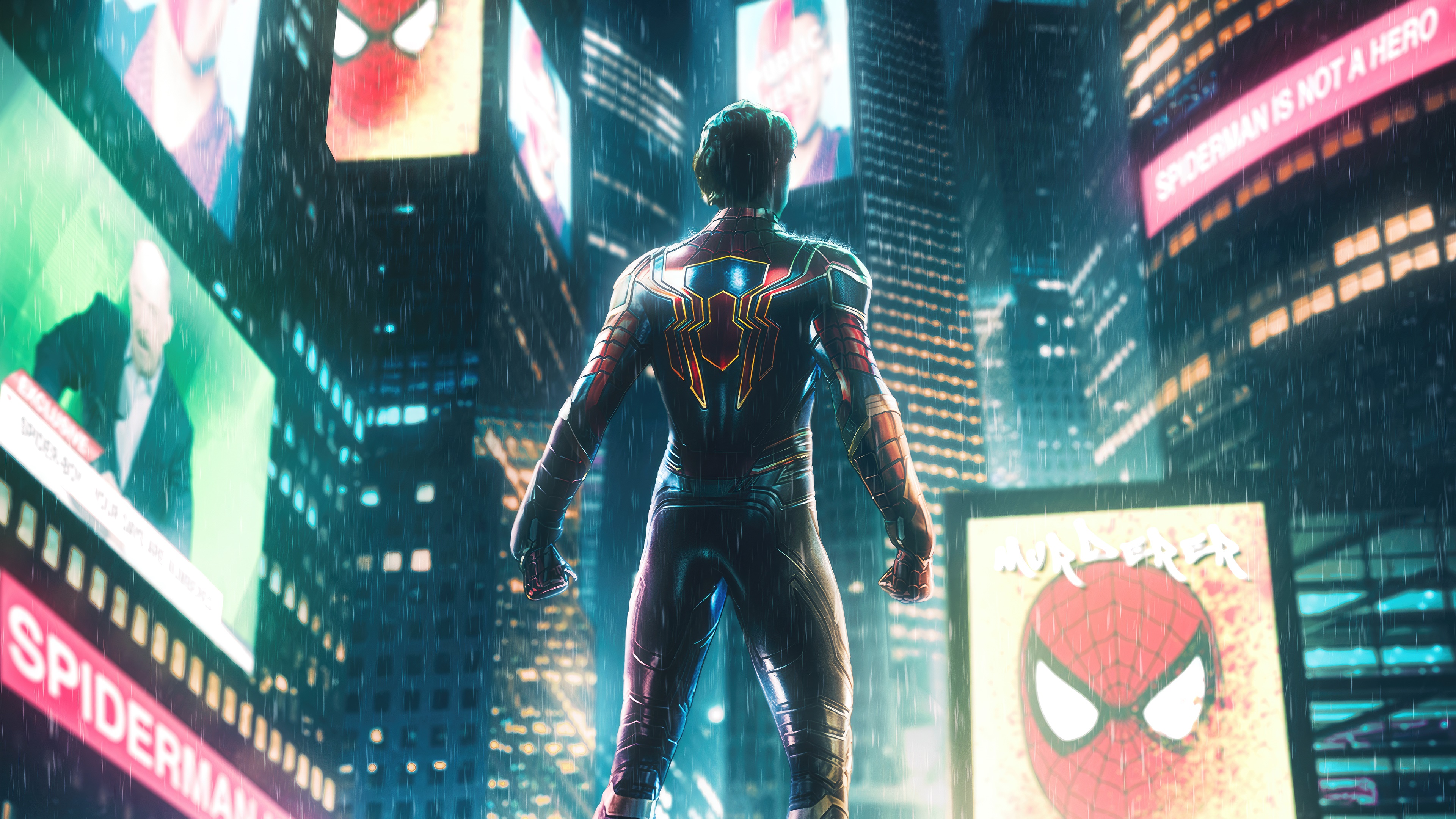 Spider-Man in a rainy city with billboards HD Wallpaper