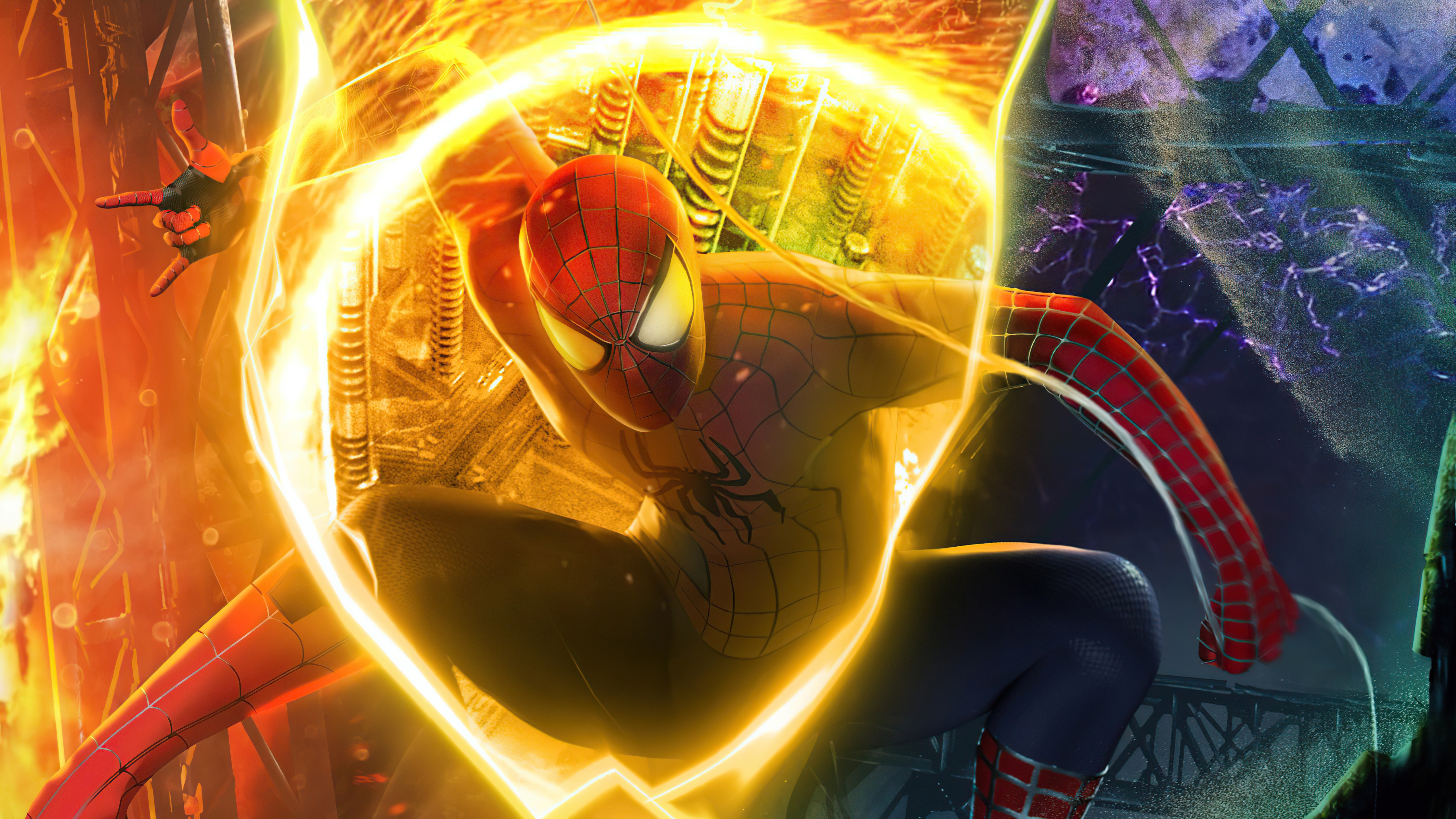 Spider-Man in a yellow energy portal HD Wallpaper