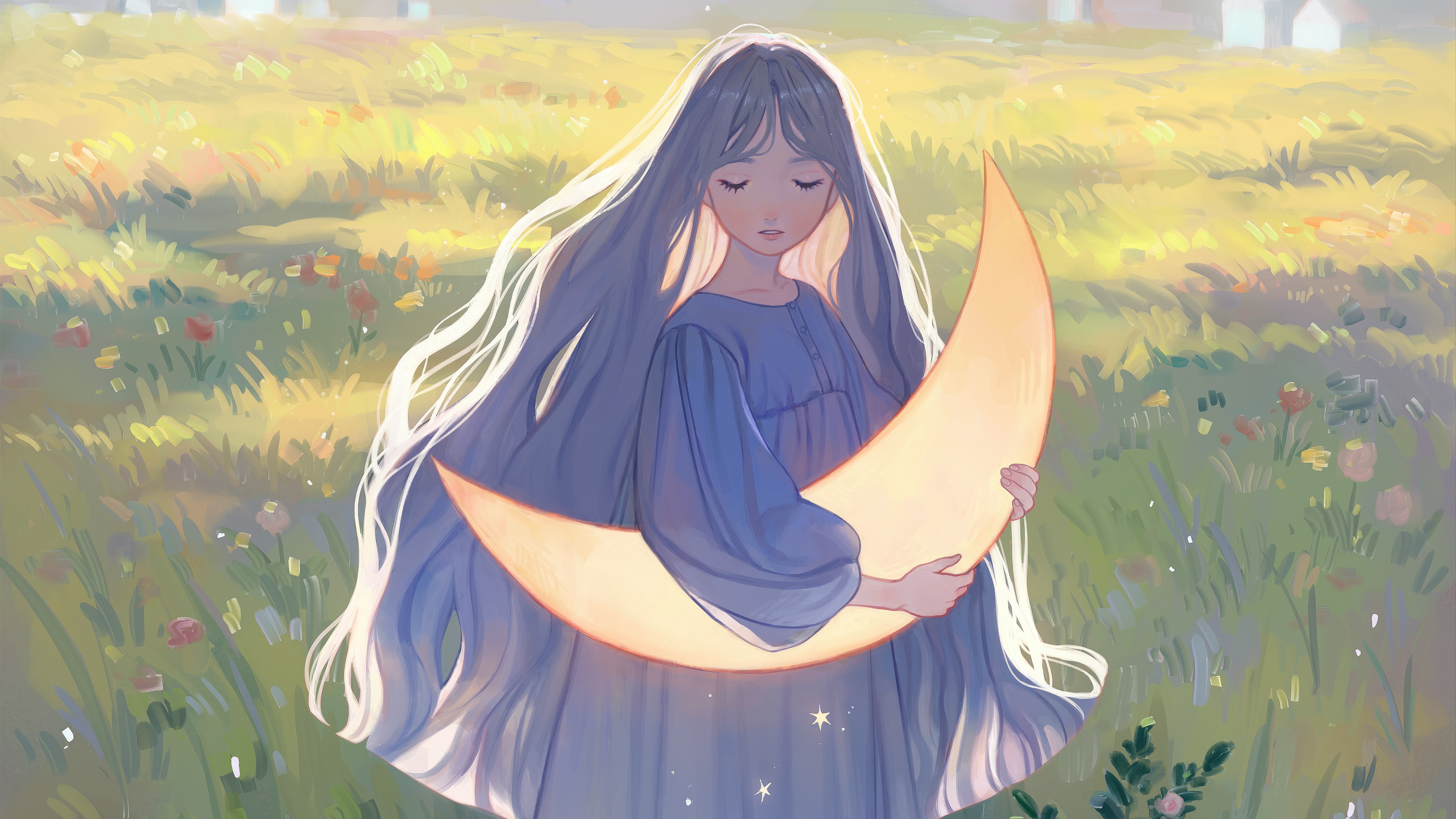 Anime girl holding a crescent moon in a field HD Wallpaper
