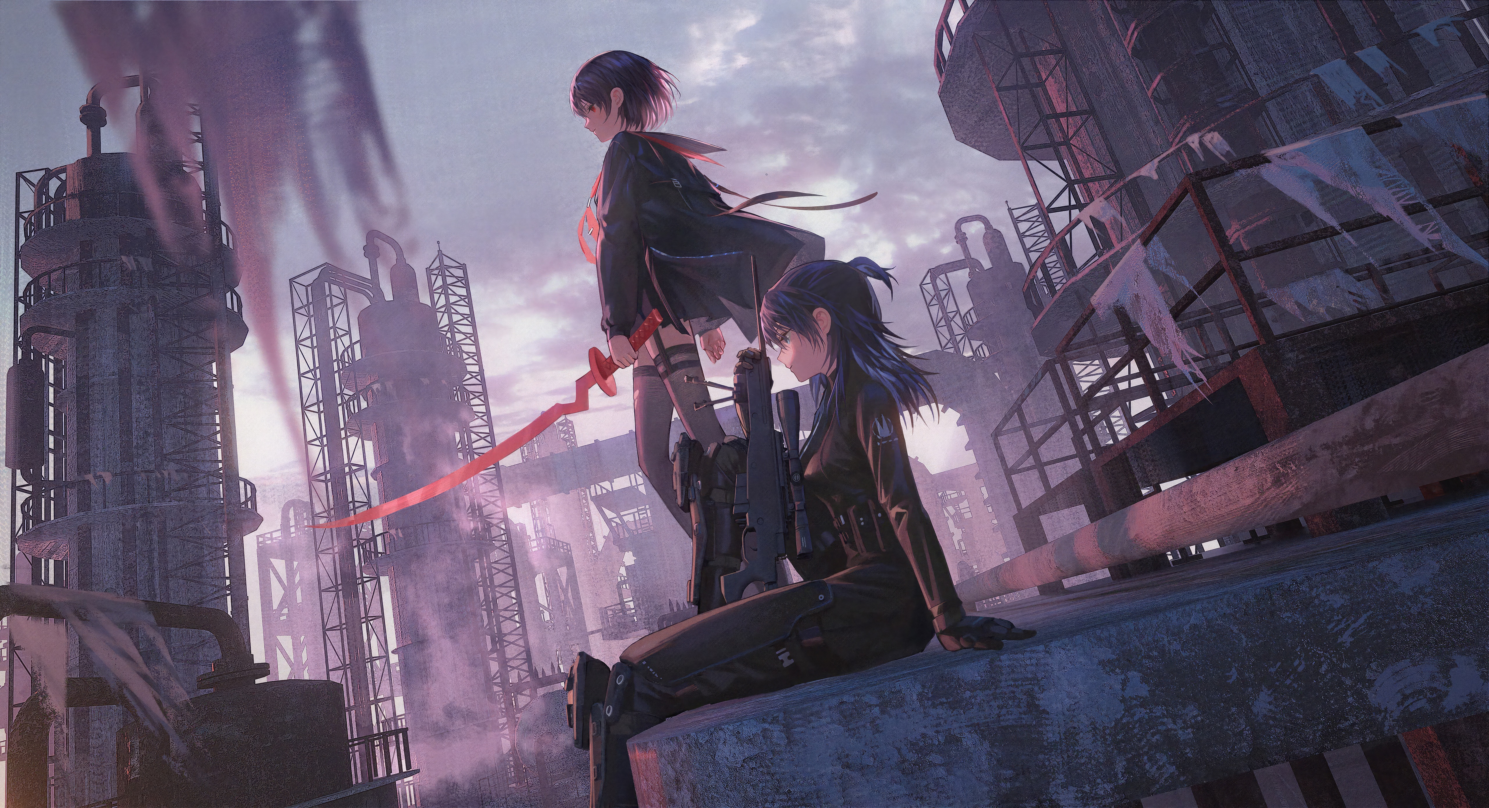 Anime girls with weapons in industrial setting HD Wallpaper