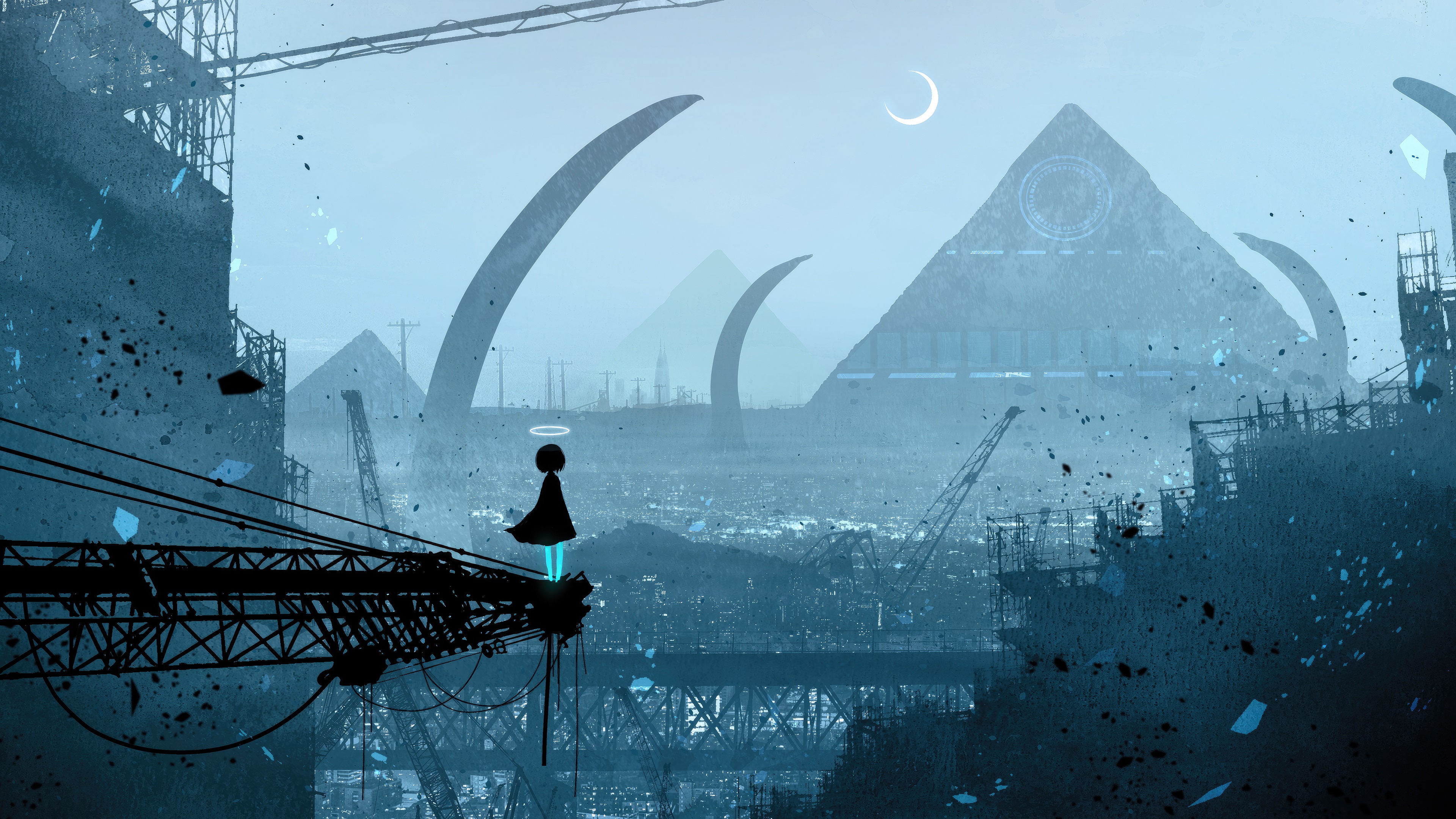 Girl with halo in a dystopian city with pyramids HD Wallpaper