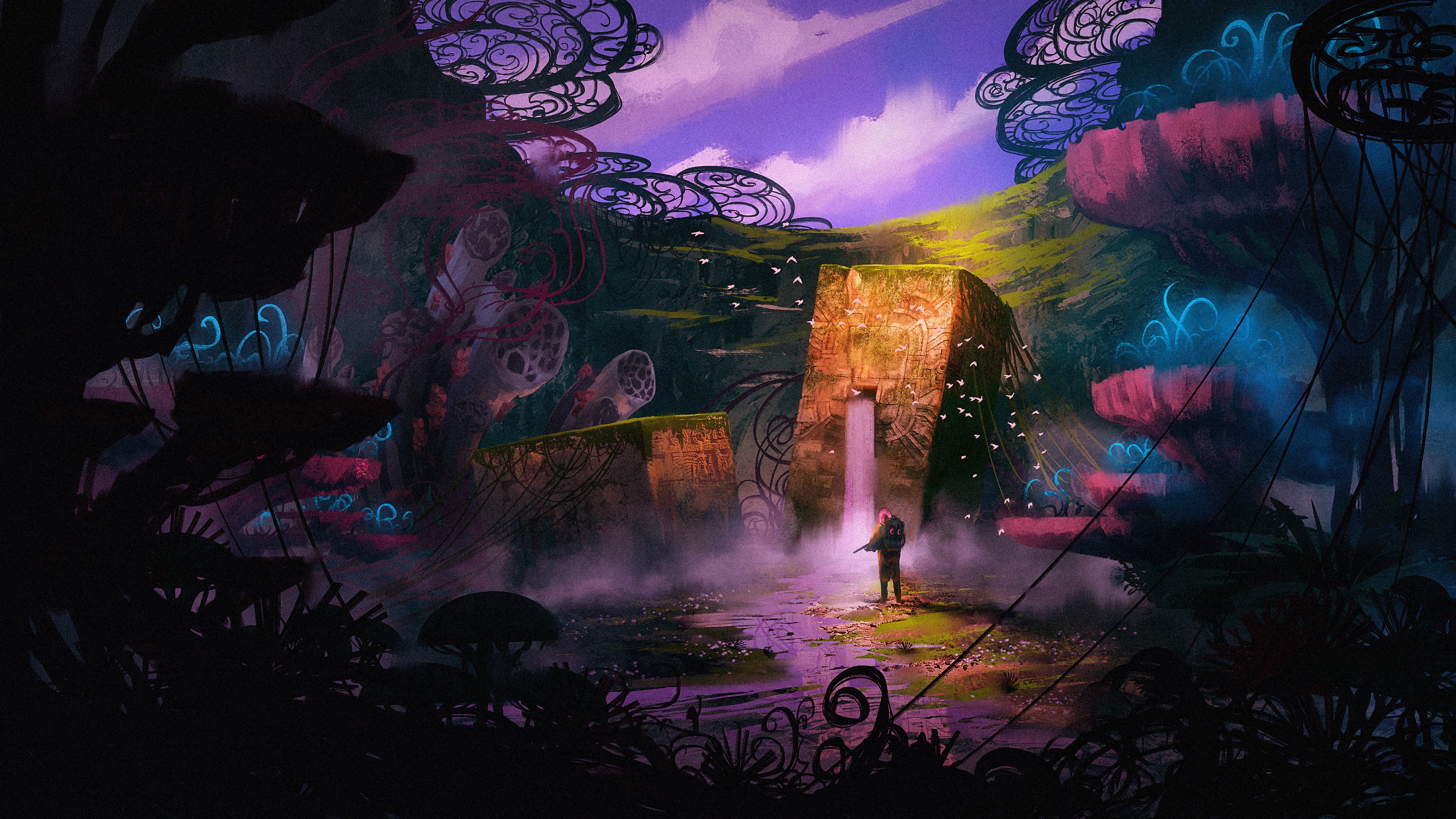 Fantasy landscape with ancient ruins and a lone figure HD Wallpaper