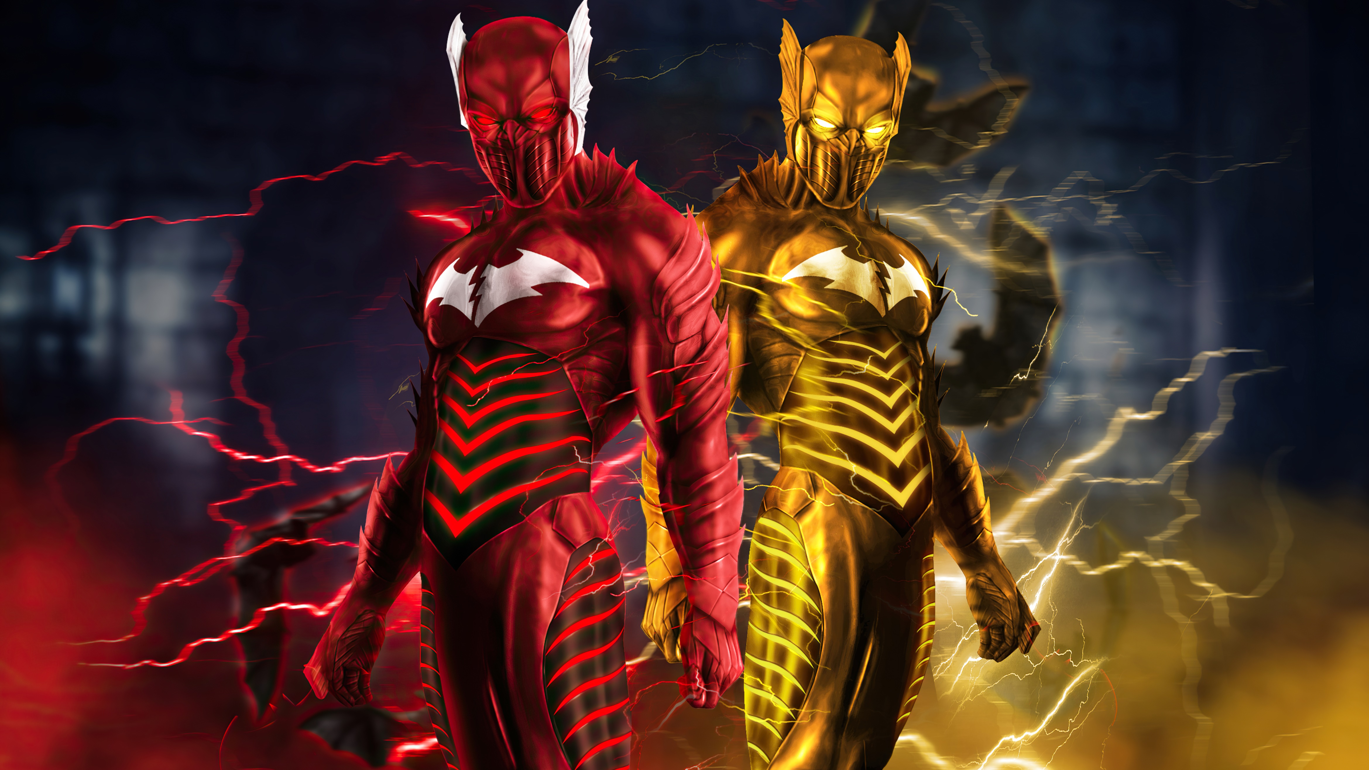 Red and Gold Flash-like Superheroes with Batman Logos HD Wallpaper