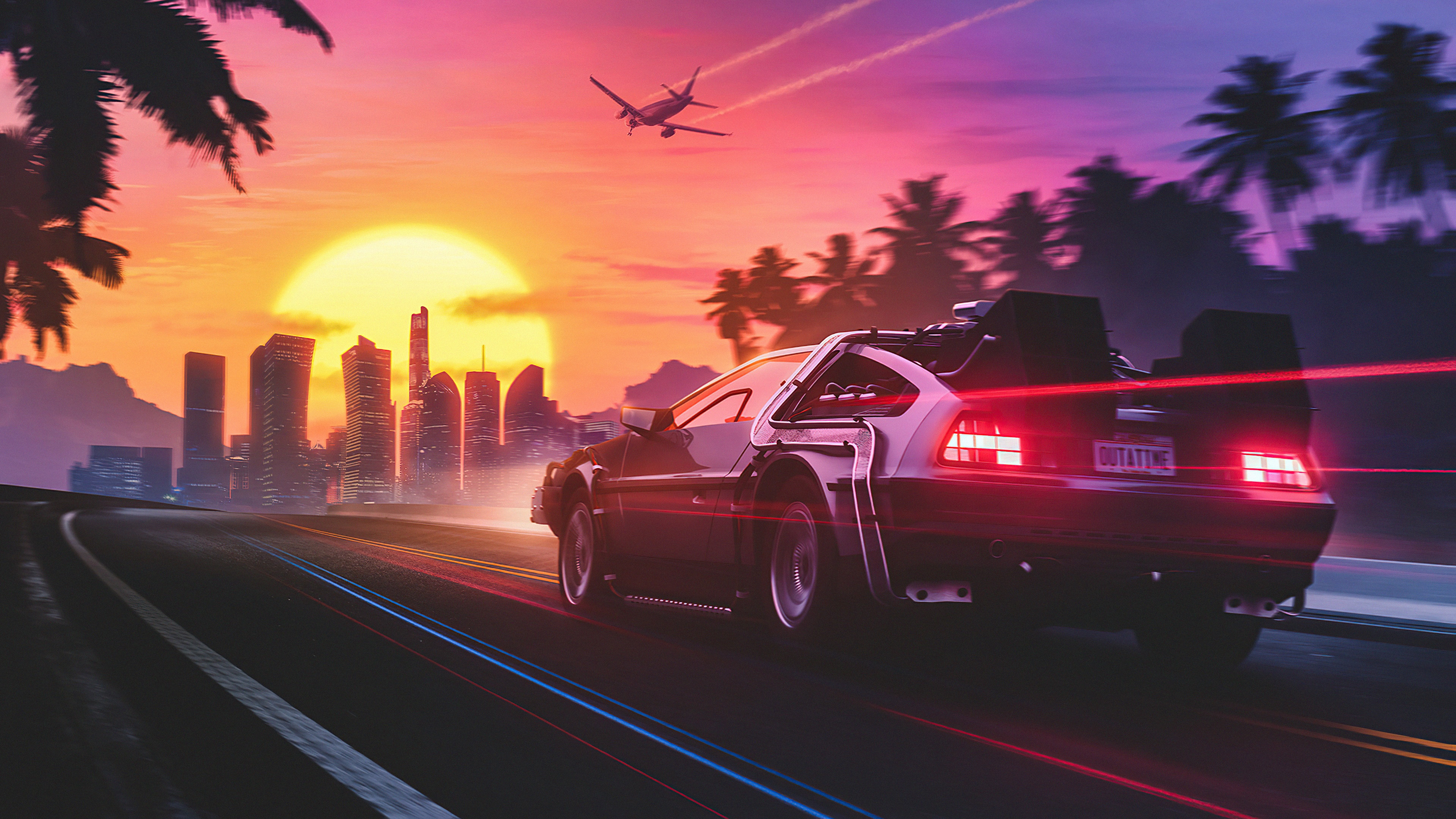 DeLorean driving on a road at sunset with city skyline HD Wallpaper