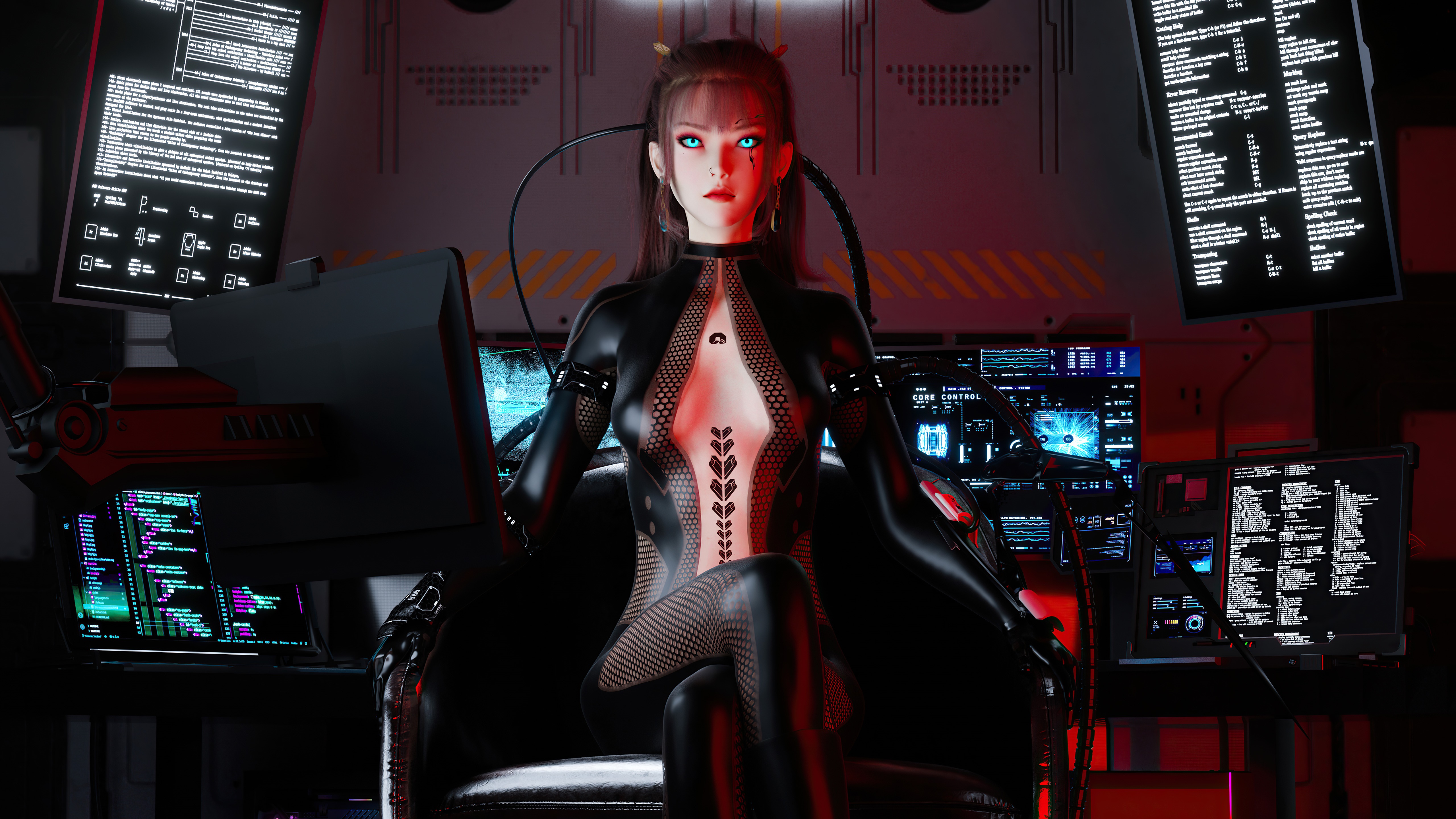 Ghost in the Shell cyborg woman in futuristic control room HD Wallpaper