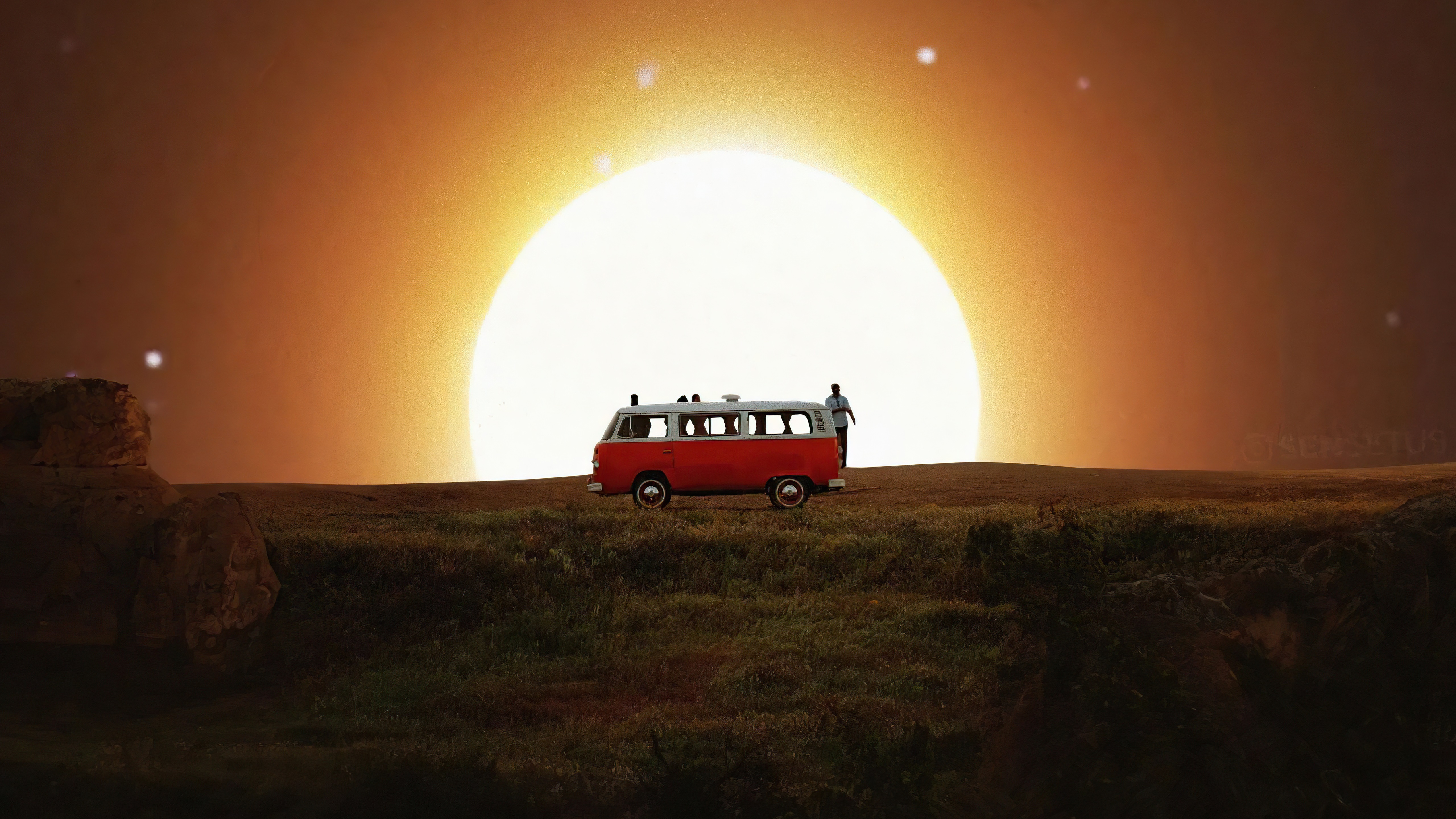 Red van with people in front of a large sun HD Wallpaper