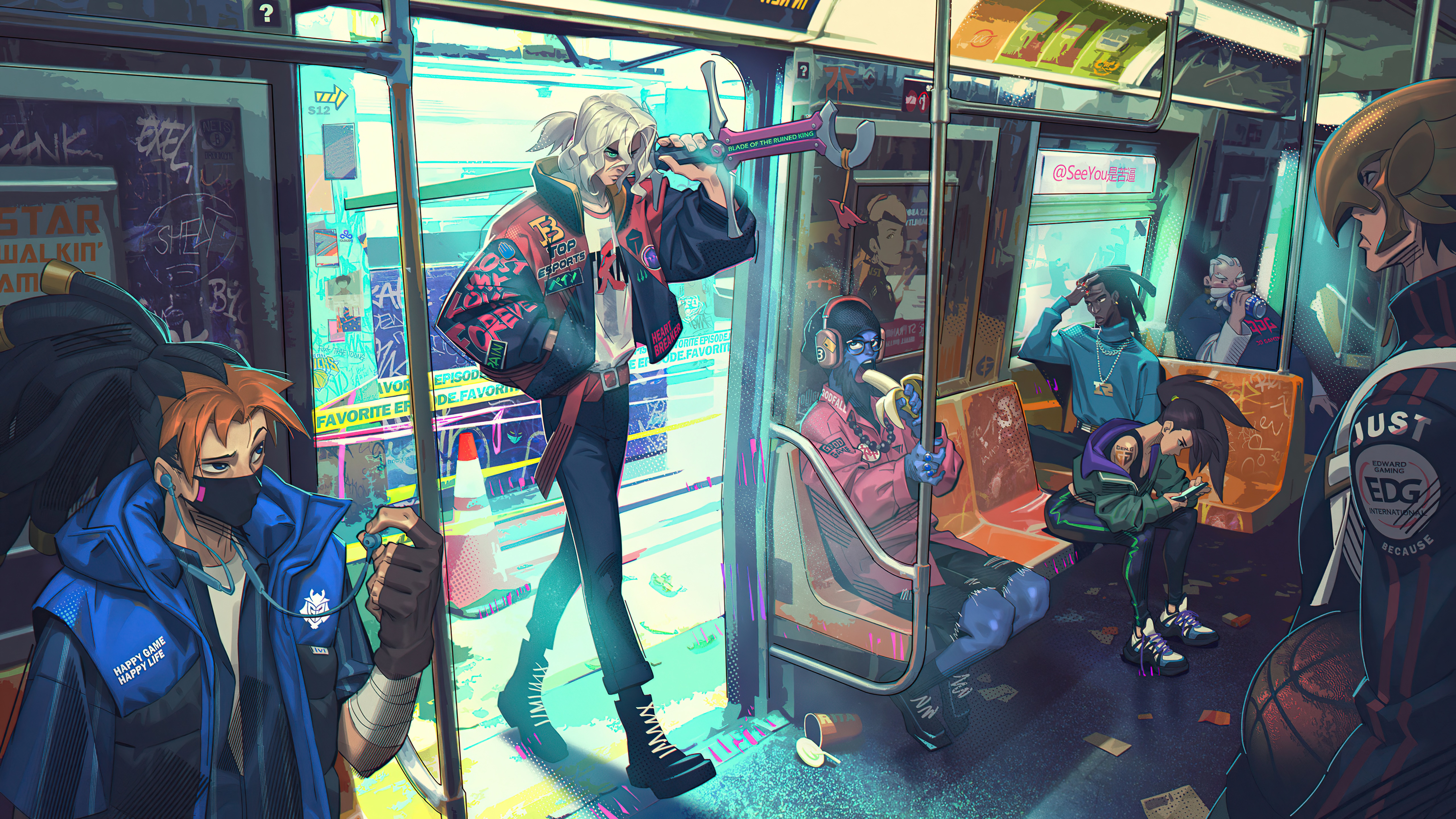 League of Legends characters on a subway train HD Wallpaper