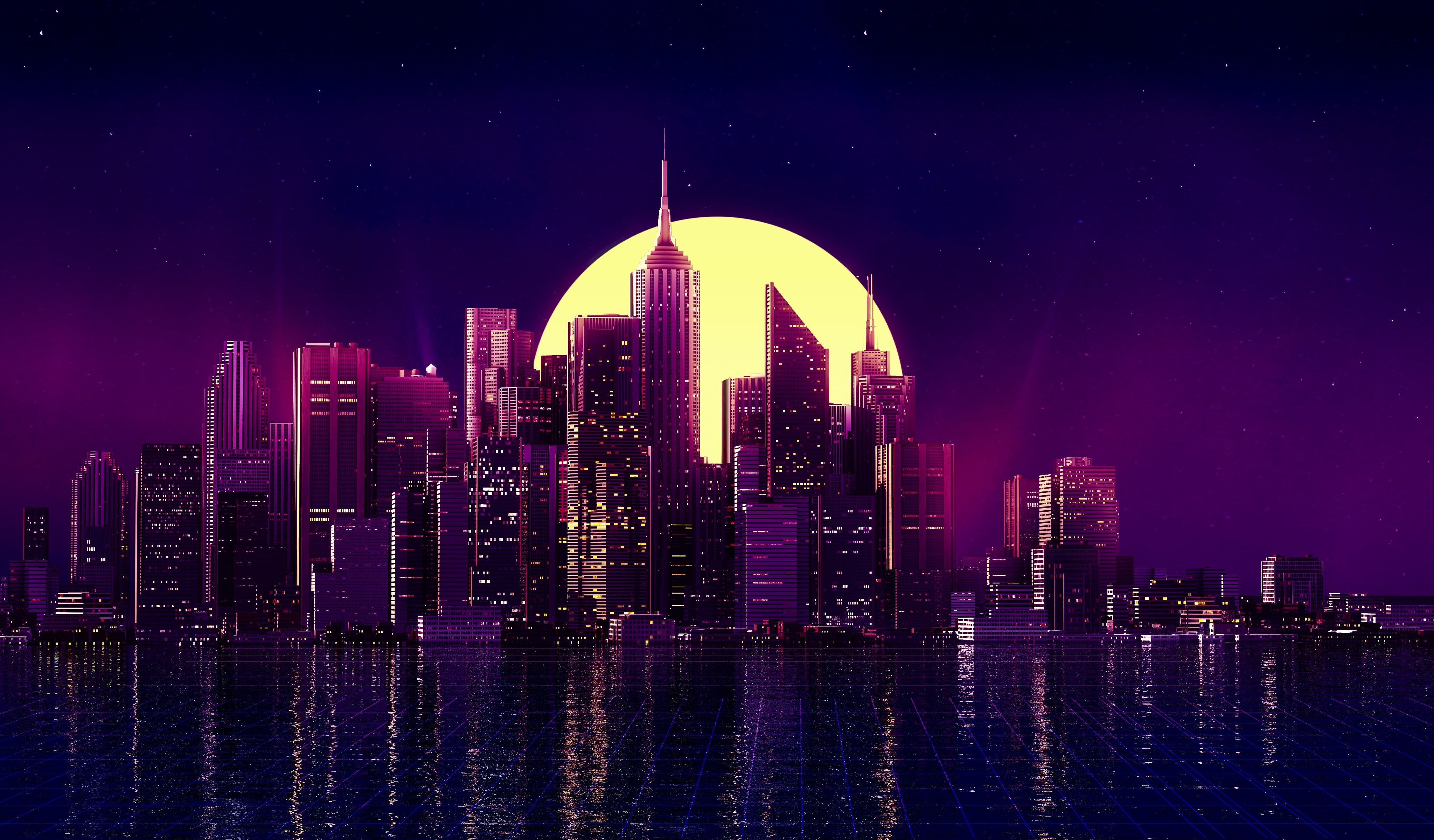 Digital Art Cityscape with Large Moon HD Wallpaper