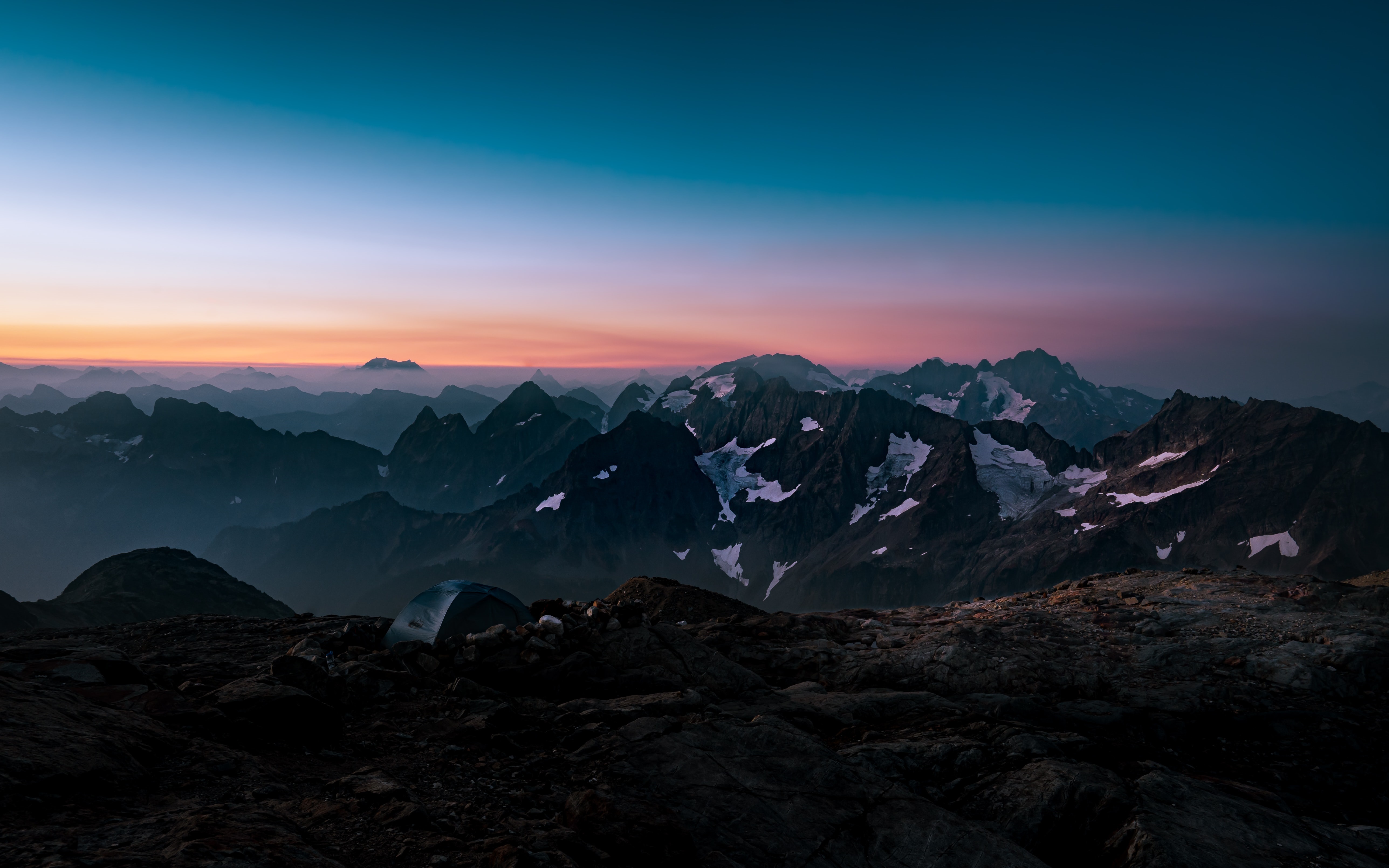 Mountains at sunset with a tent HD Wallpaper