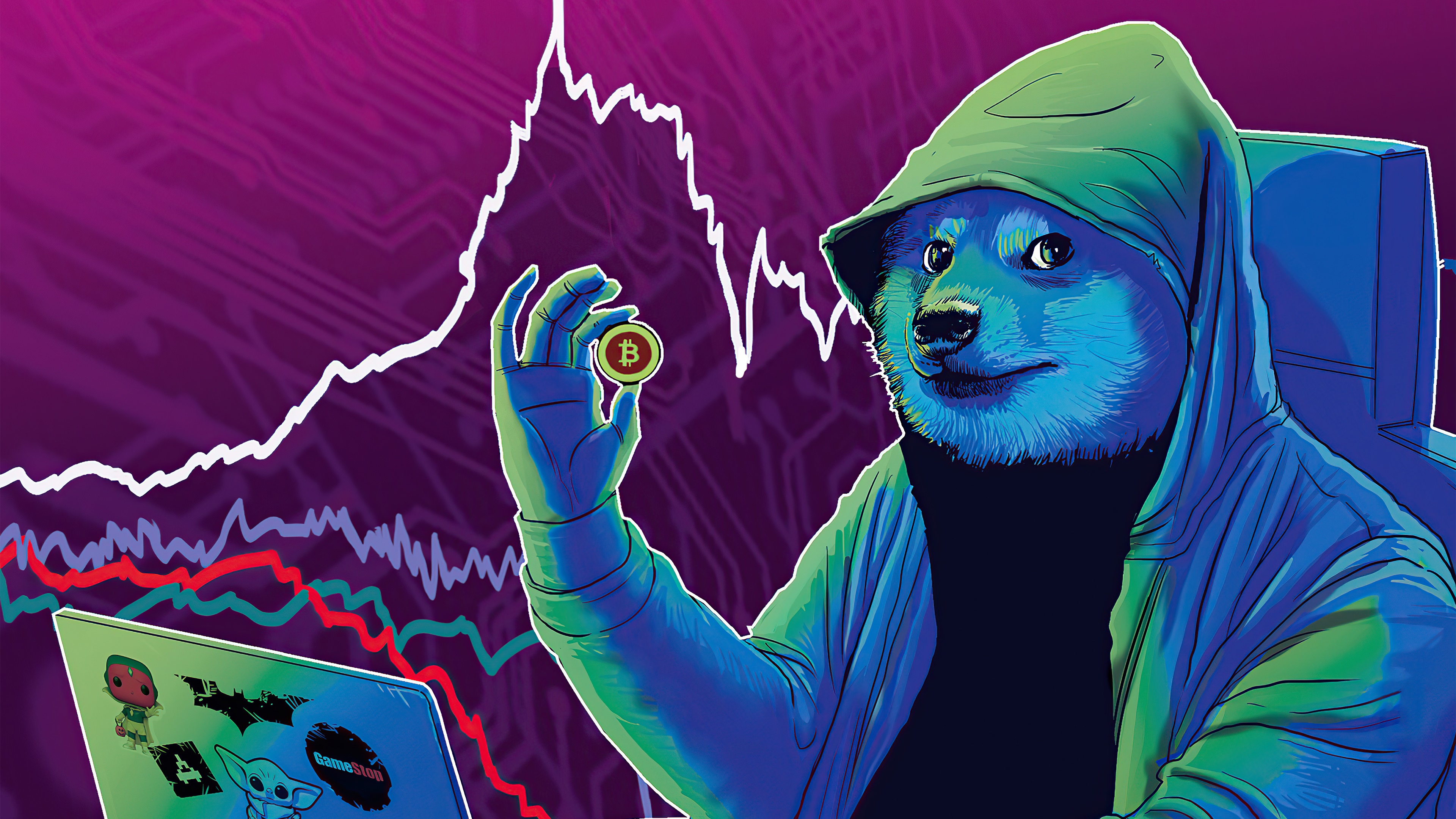 Dogecoin holding Bitcoin with stock charts HD Wallpaper
