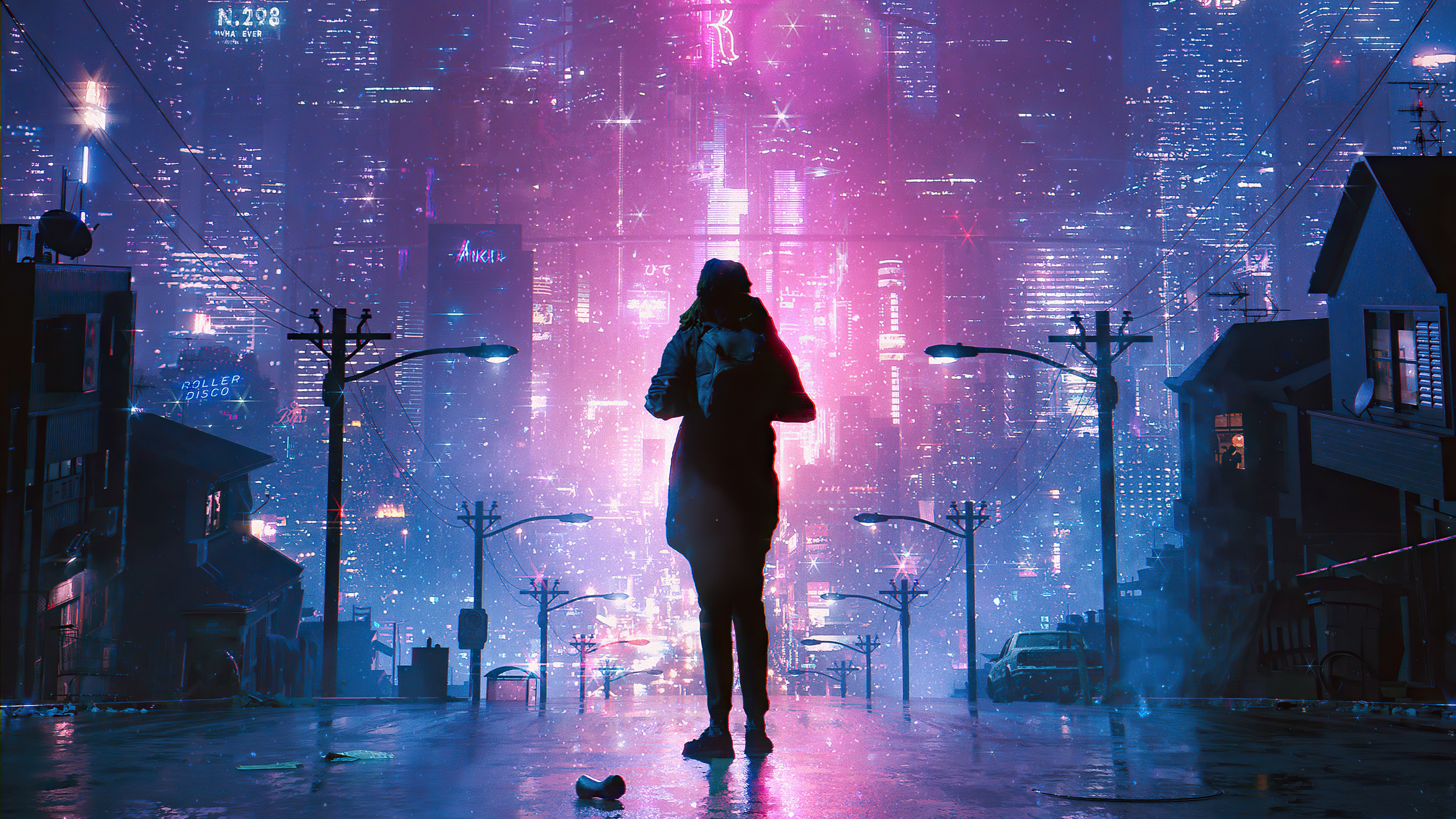 Person standing in a neon-lit cyberpunk city HD Wallpaper