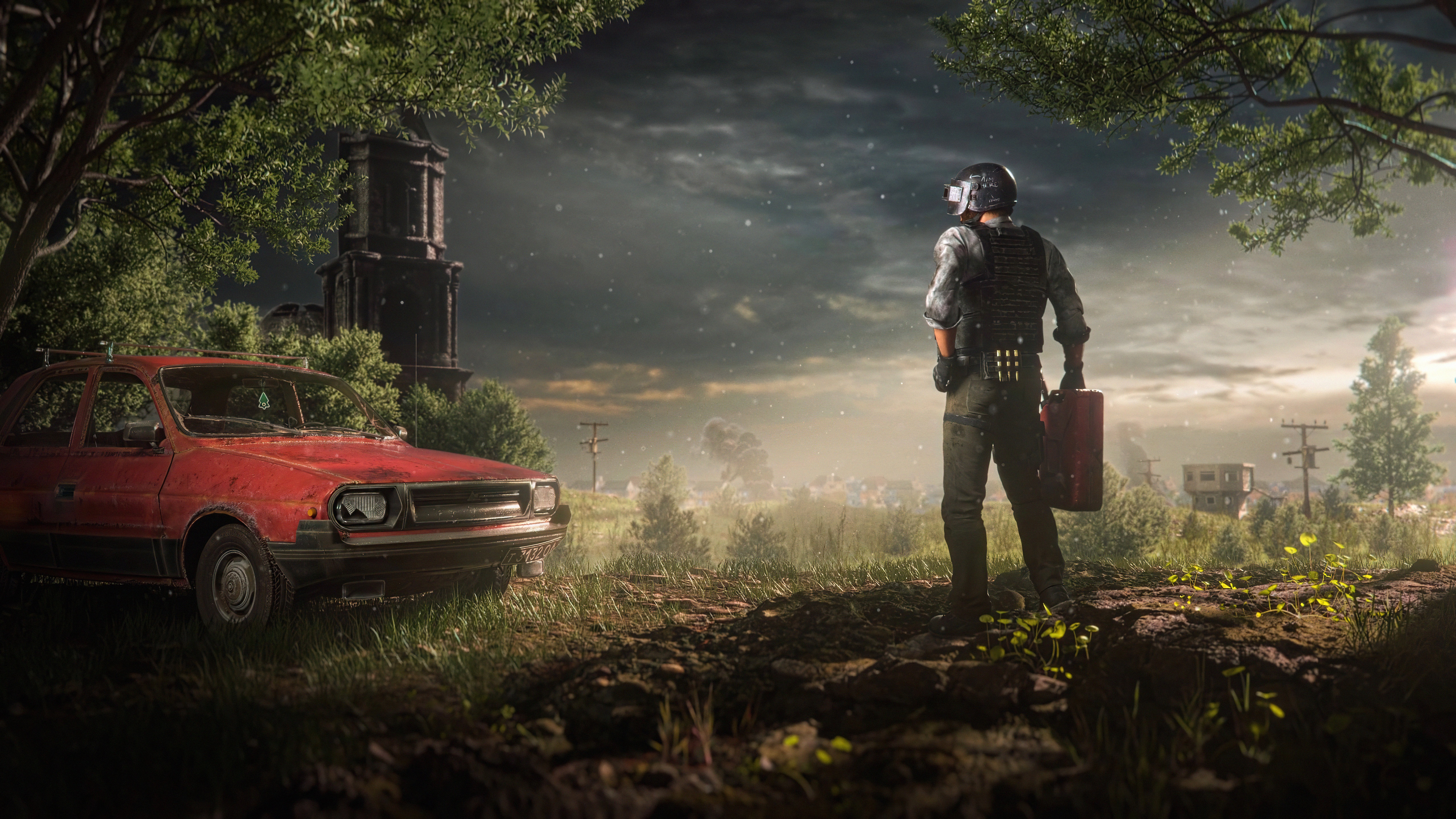 Player standing with gas can near abandoned car in PUBG HD Wallpaper