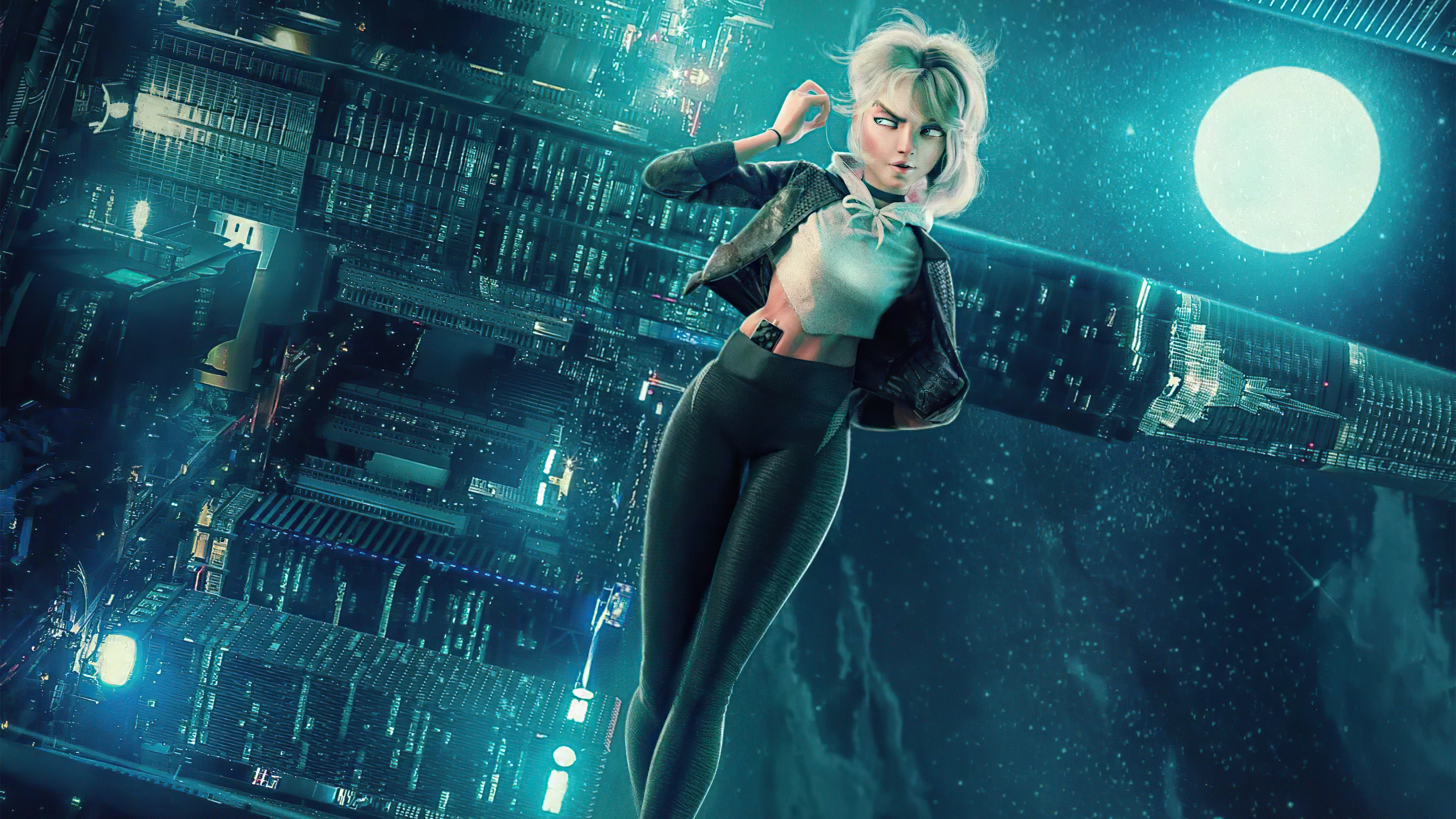 Gwen Stacy in a futuristic city with a large moon HD Wallpaper
