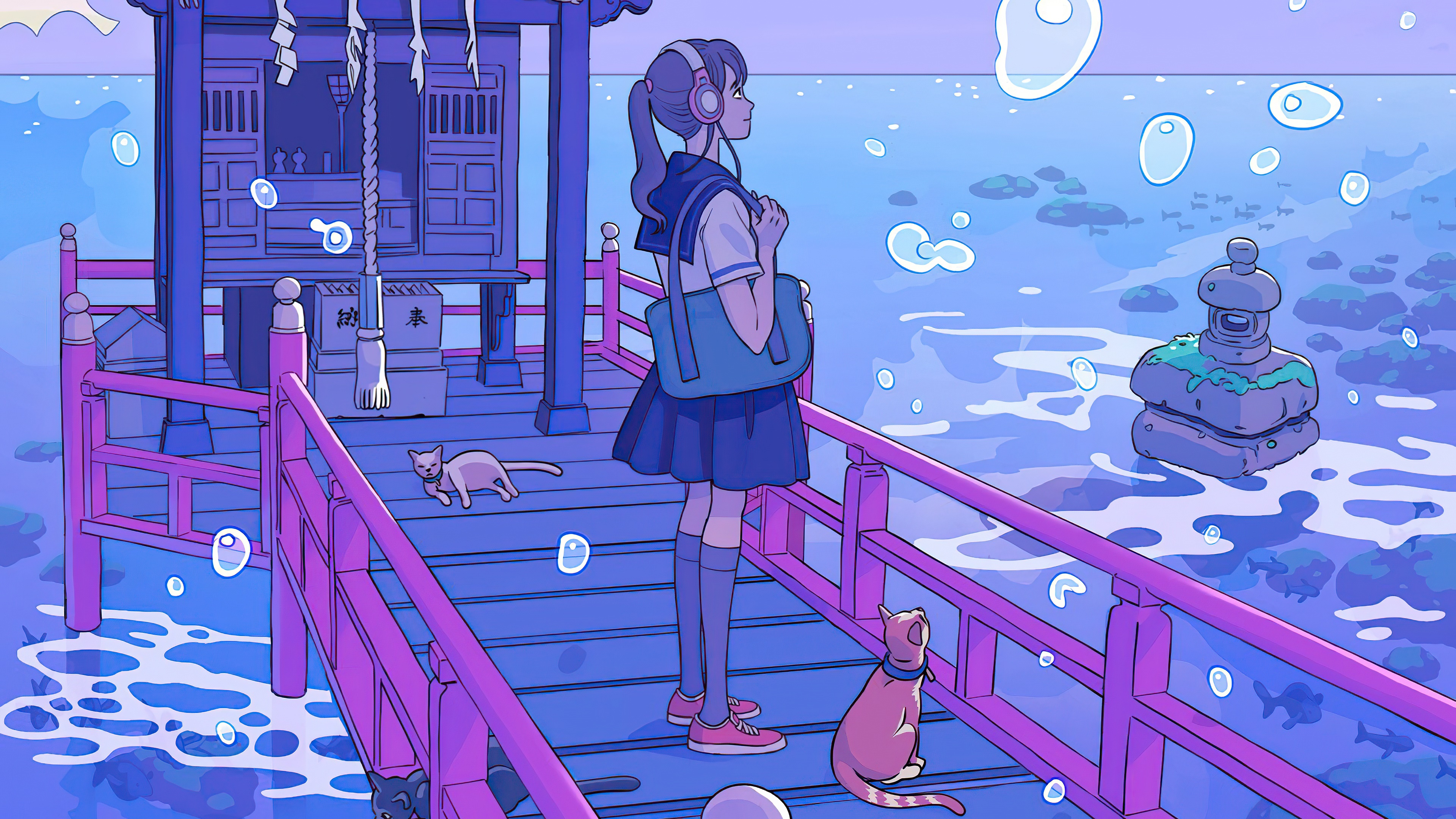 Girl in sailor uniform on a bridge with cats HD Wallpaper