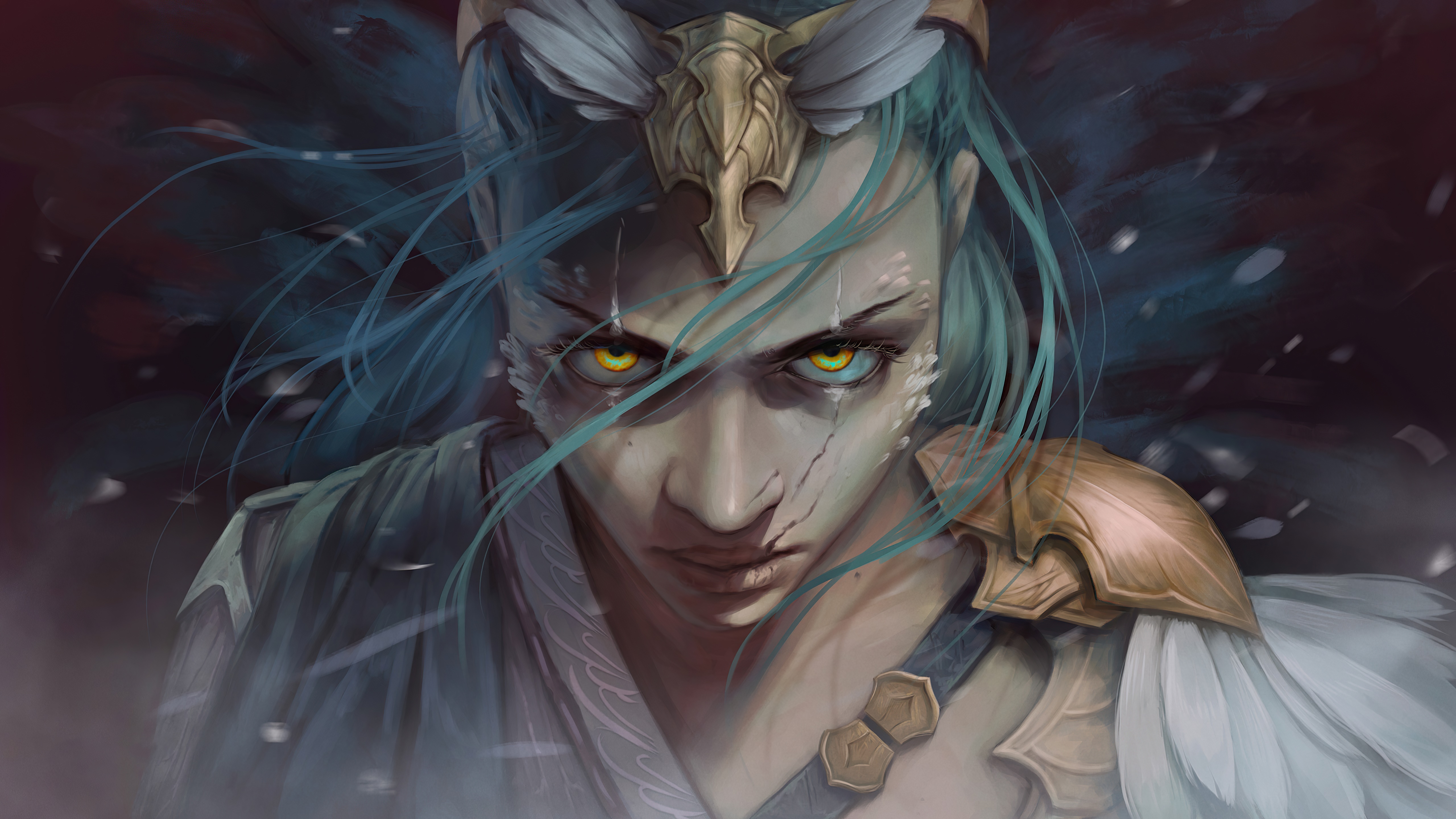 Fantasy artwork of a warrior with blue hair and yellow eyes HD Wallpaper