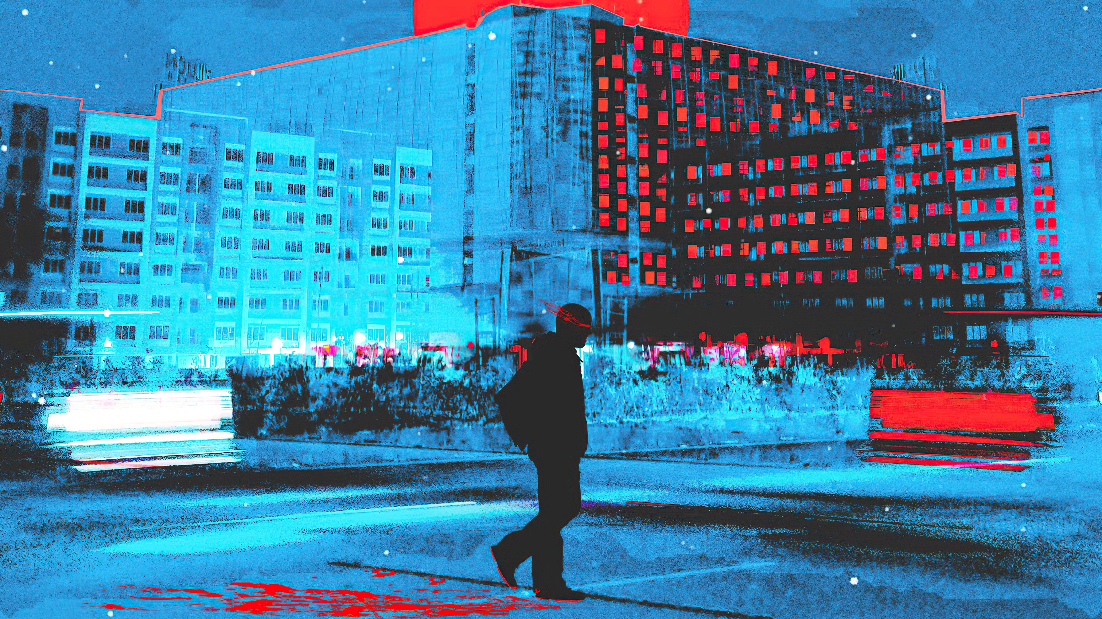 Man walking in front of apartment buildings at night HD Wallpaper