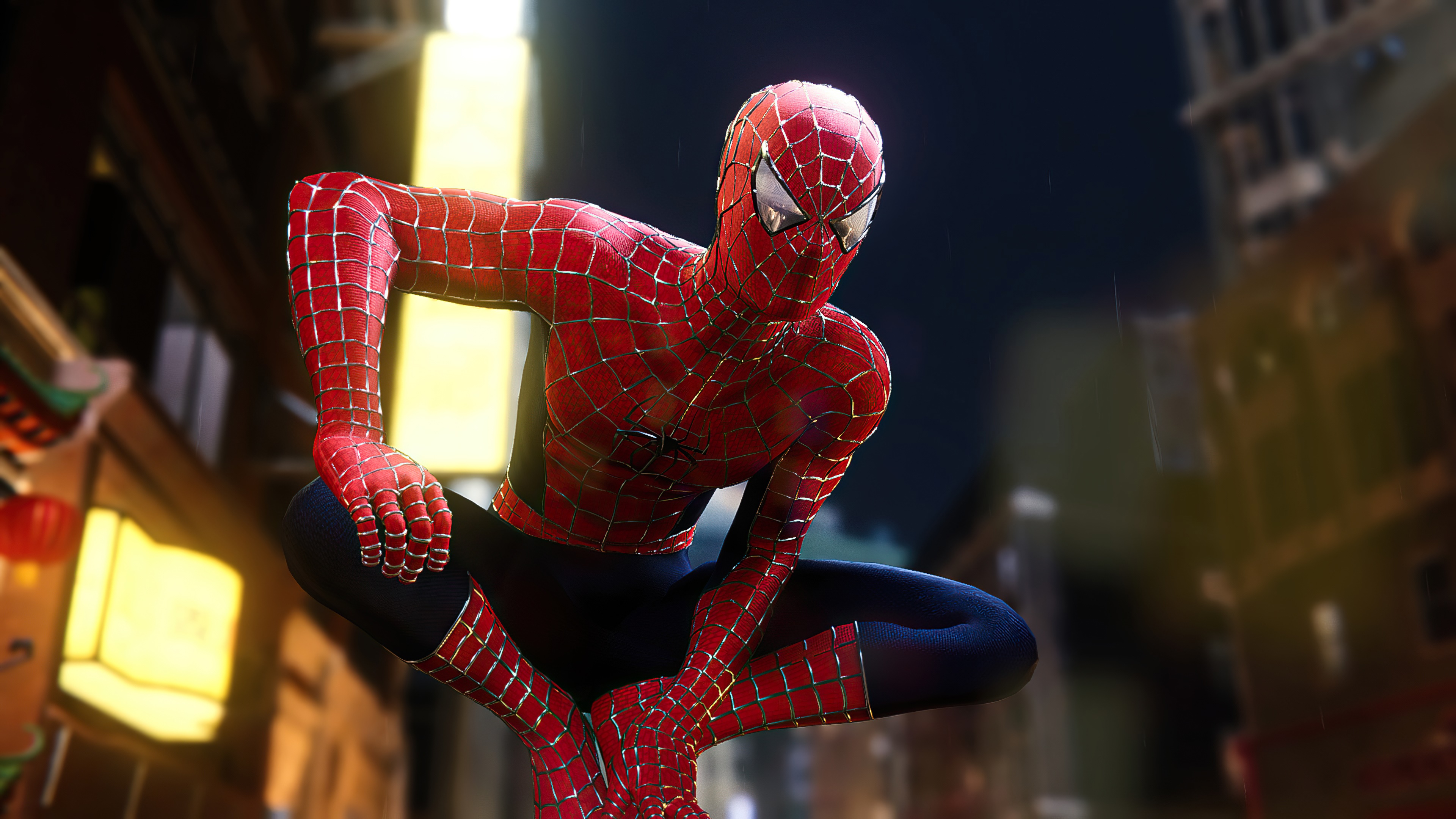 Spider-Man in a city at night HD Wallpaper