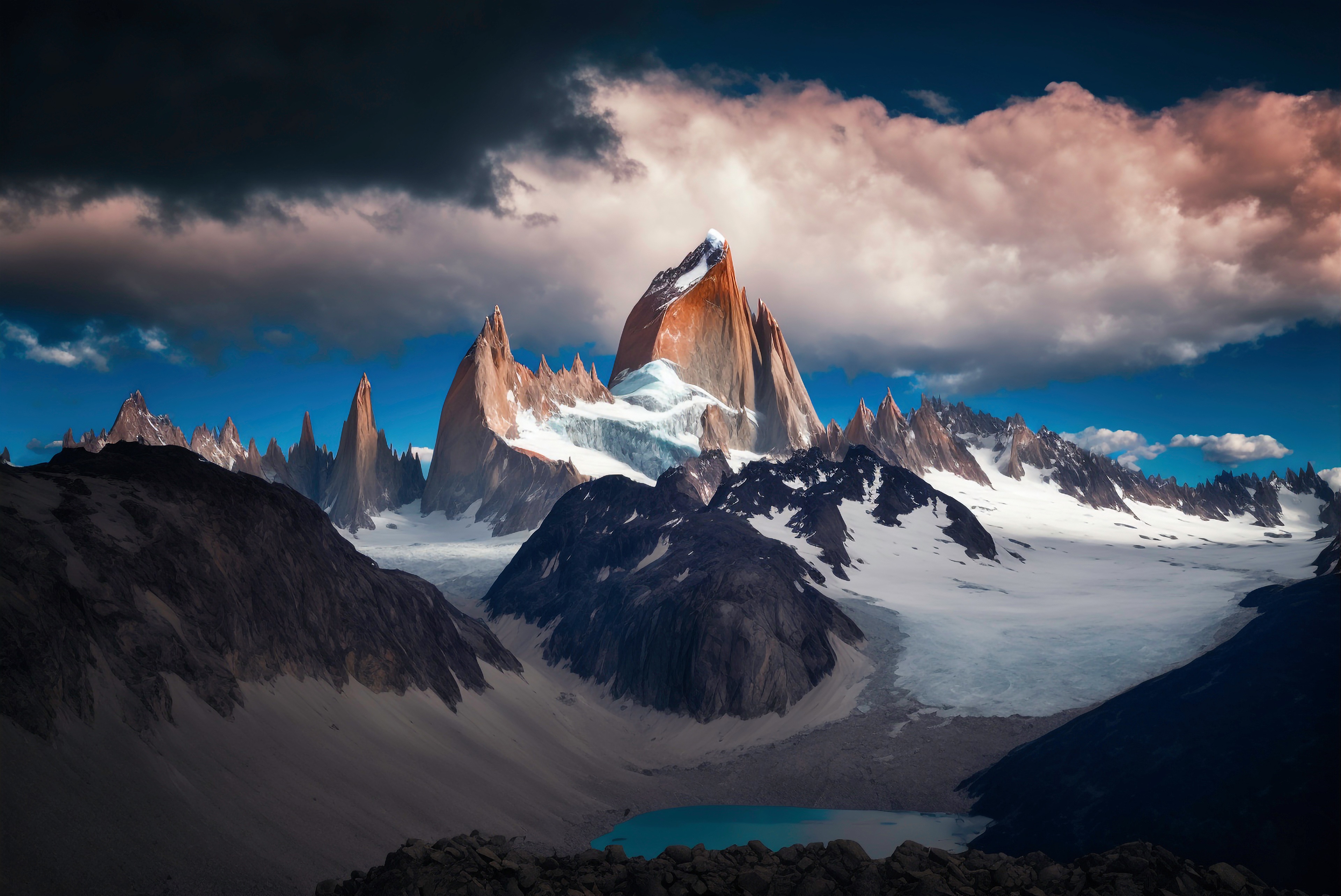 Fitz Roy mountain range with clouds and lake, 4K HD Wallpaper