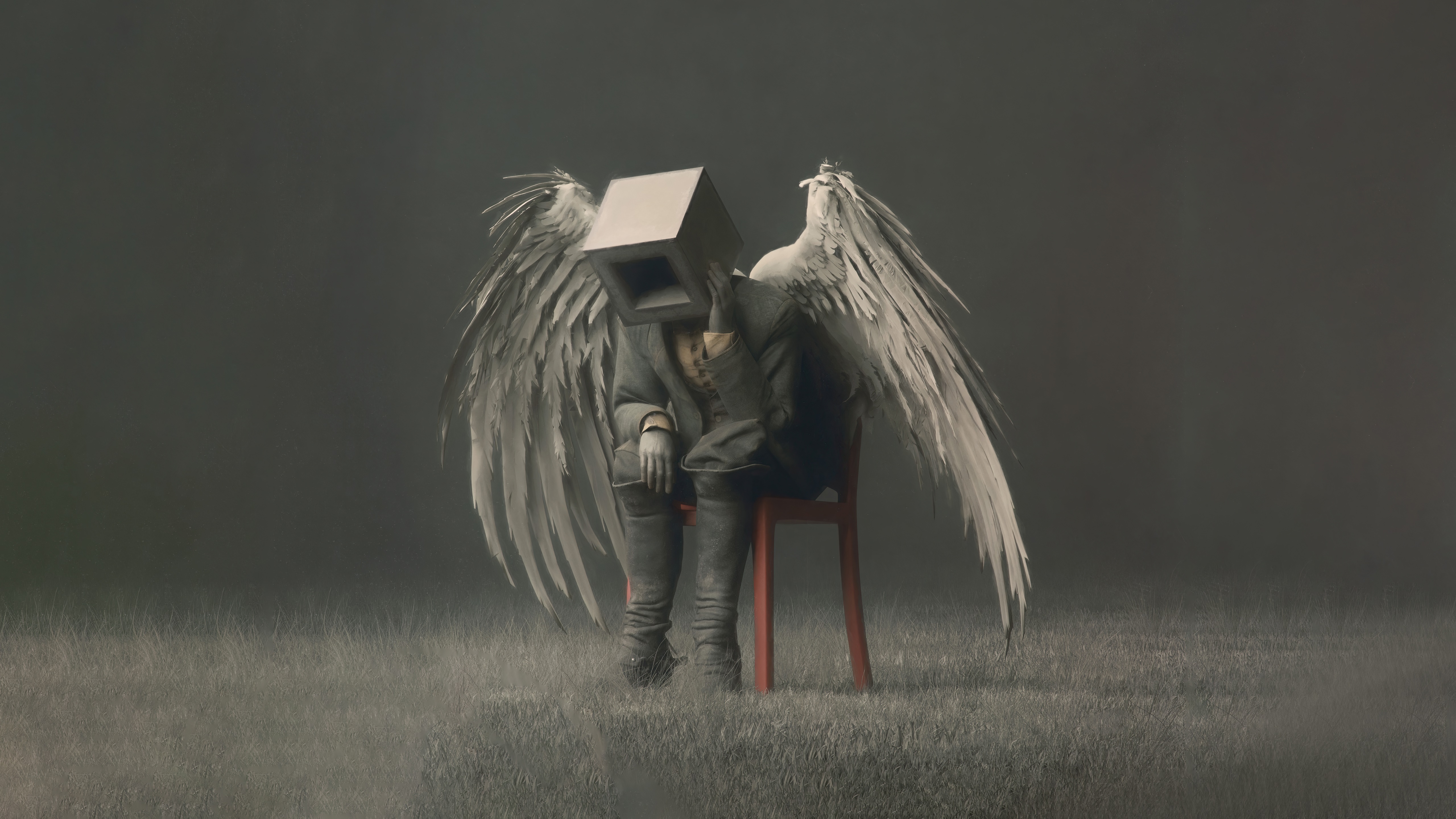 Angel with a box for a head sitting on a chair HD Wallpaper