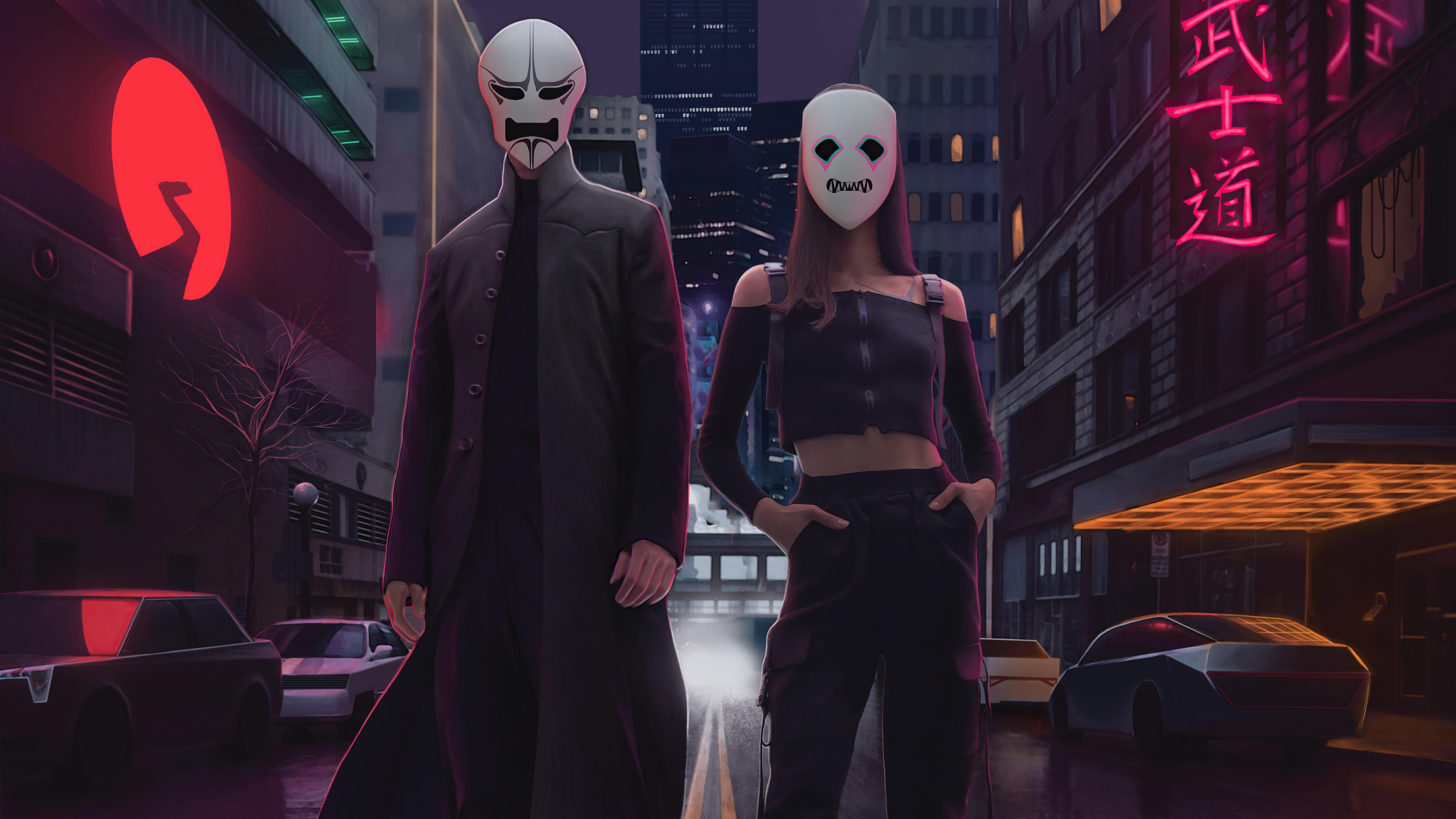 Two masked figures in a futuristic city HD Wallpaper