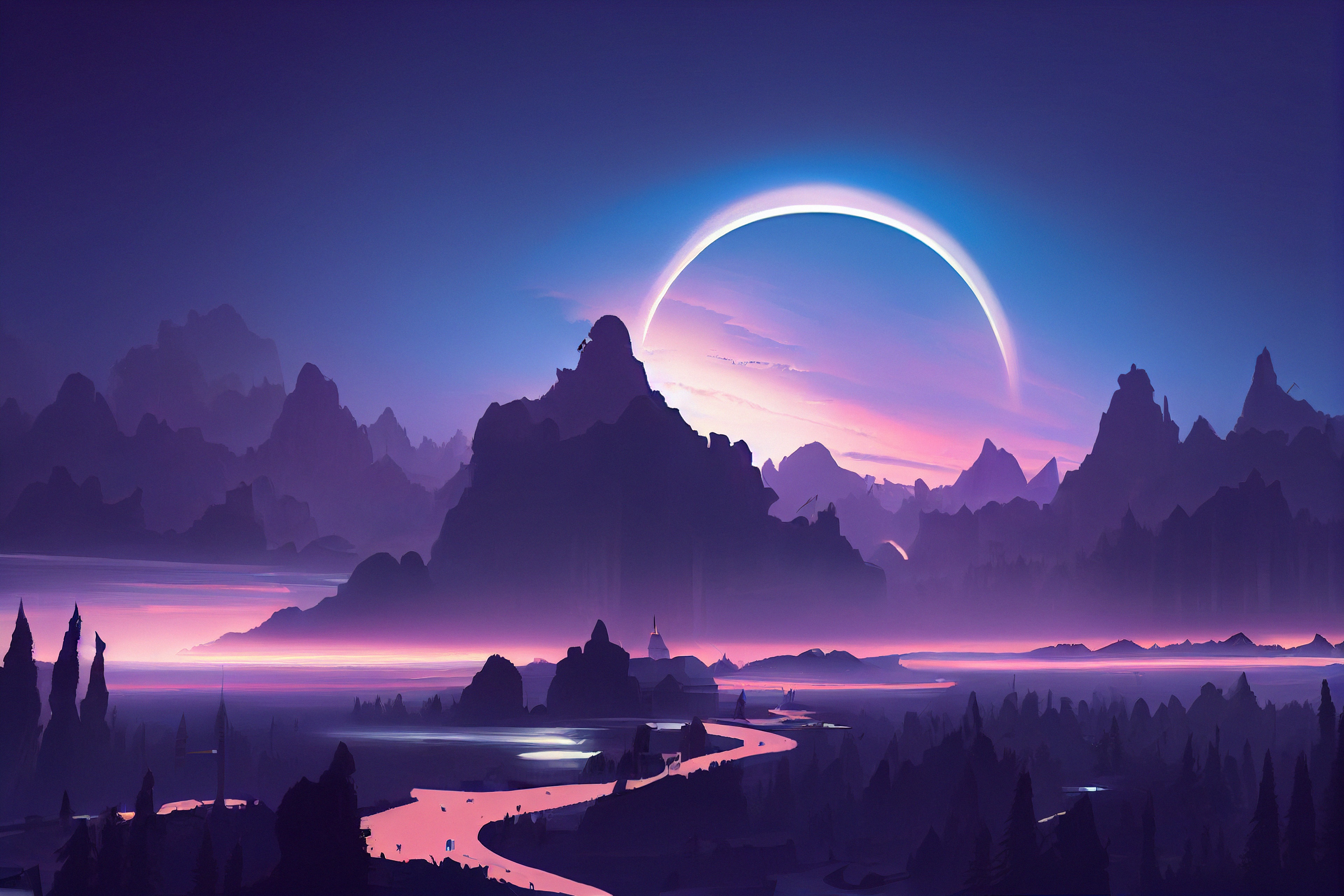 Digital Art Landscape with Eclipse HD Wallpaper