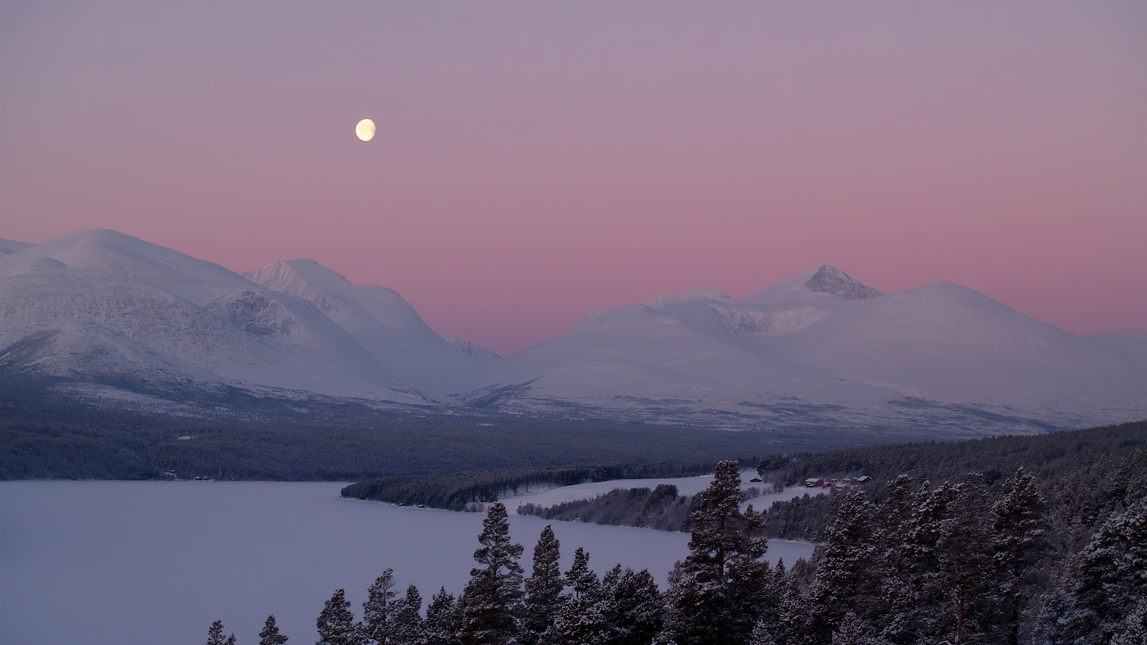 Moon over snow-covered mountains and frozen lake HD Wallpaper