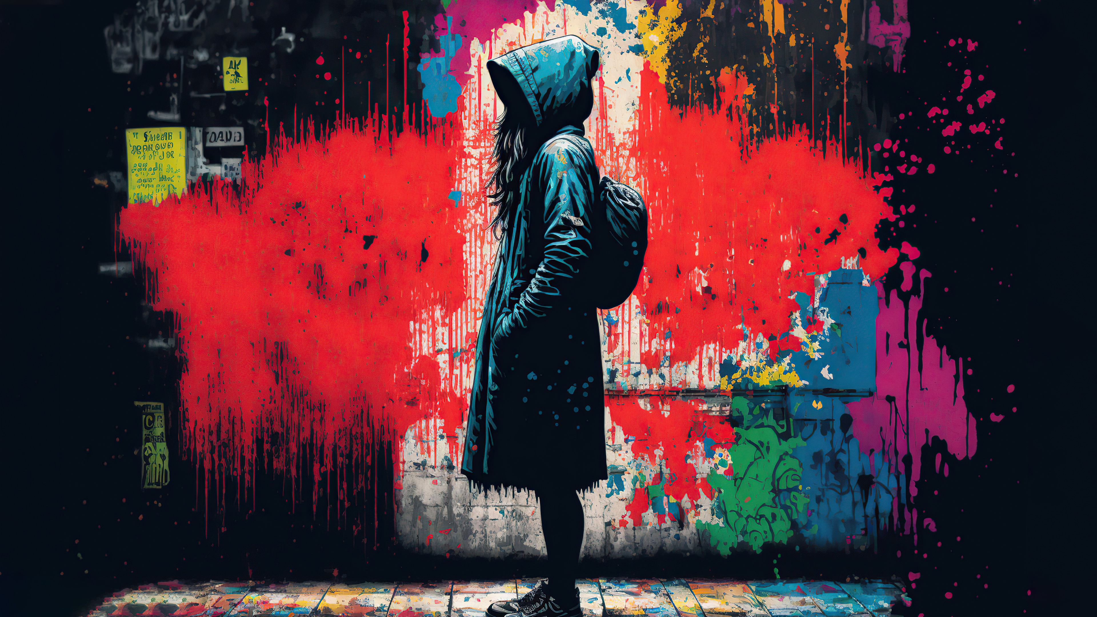 Person in hooded coat against graffiti wall HD Wallpaper