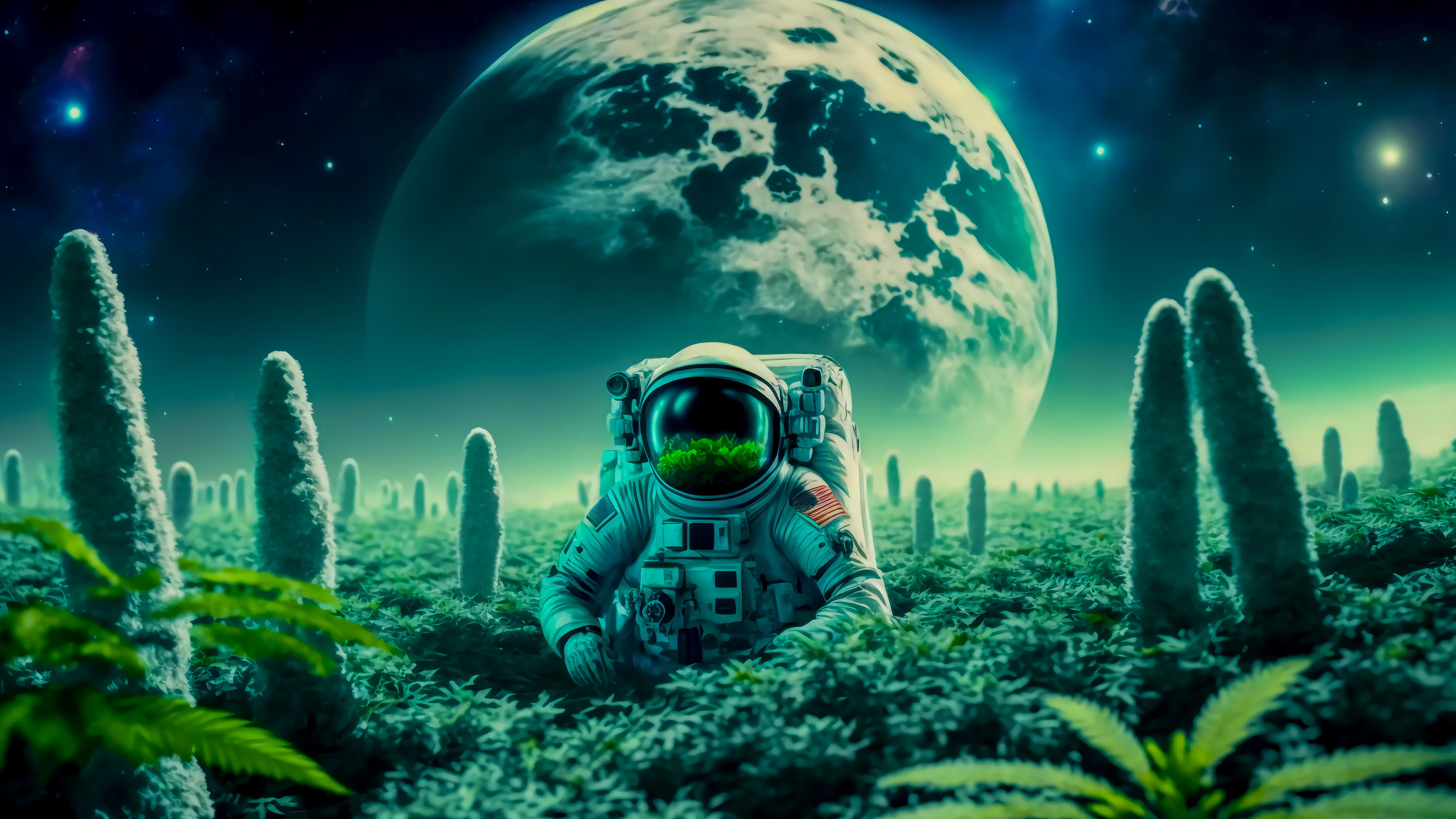 Astronaut in a field of plants with a planet in the background HD Wallpaper