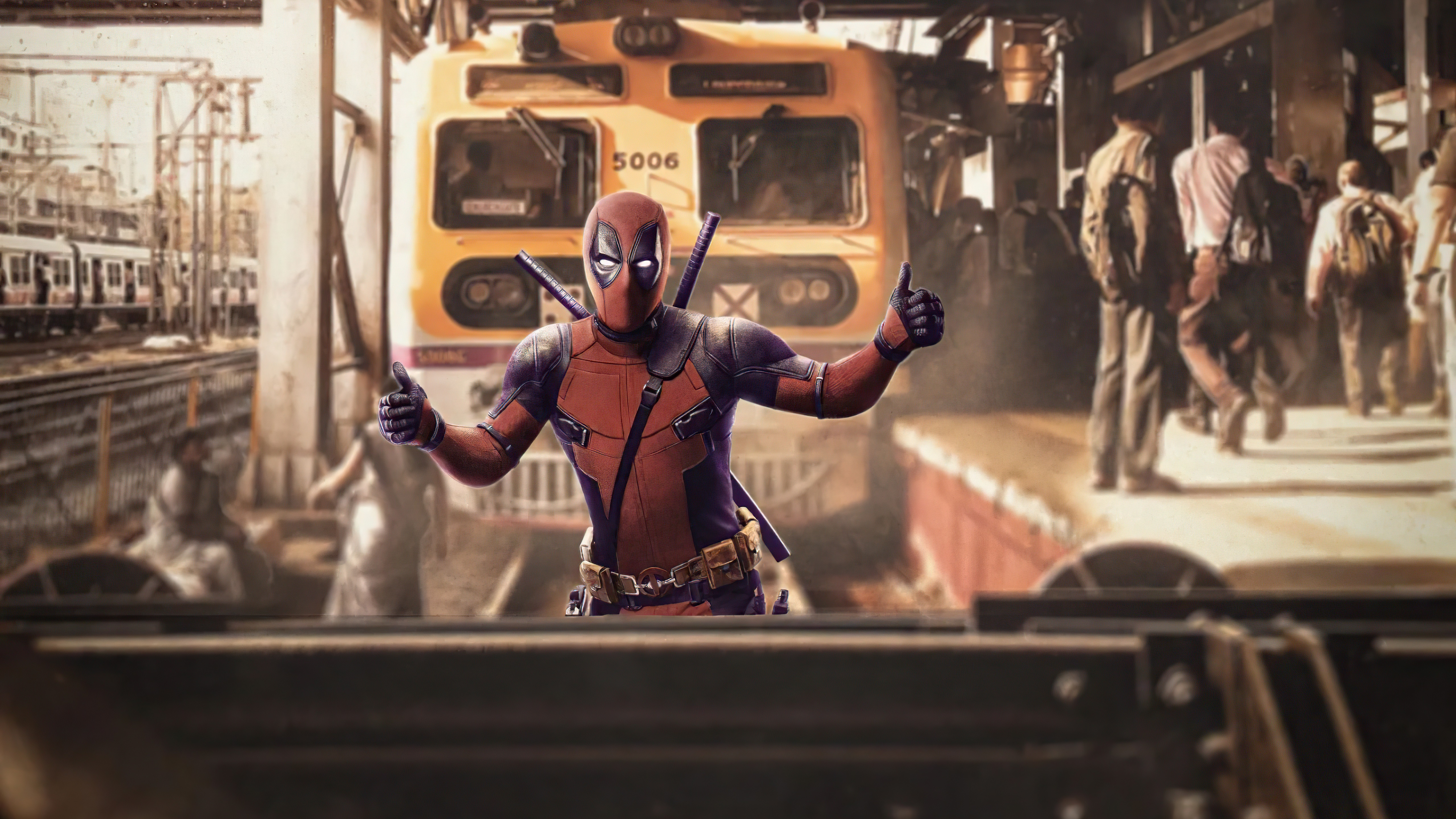 Deadpool giving thumbs up at train station HD Wallpaper