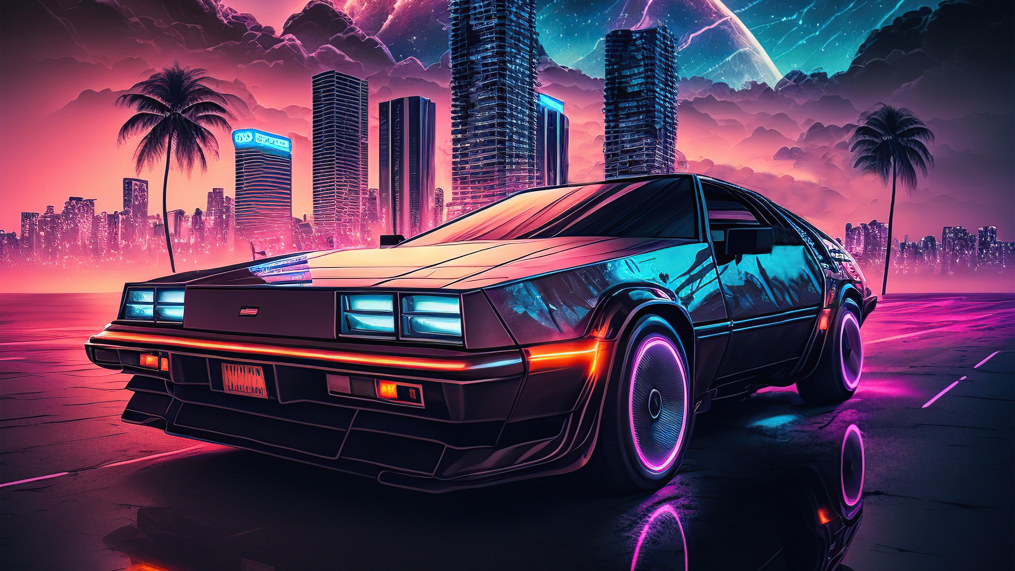 Delorean car in a neon city at night HD Wallpaper