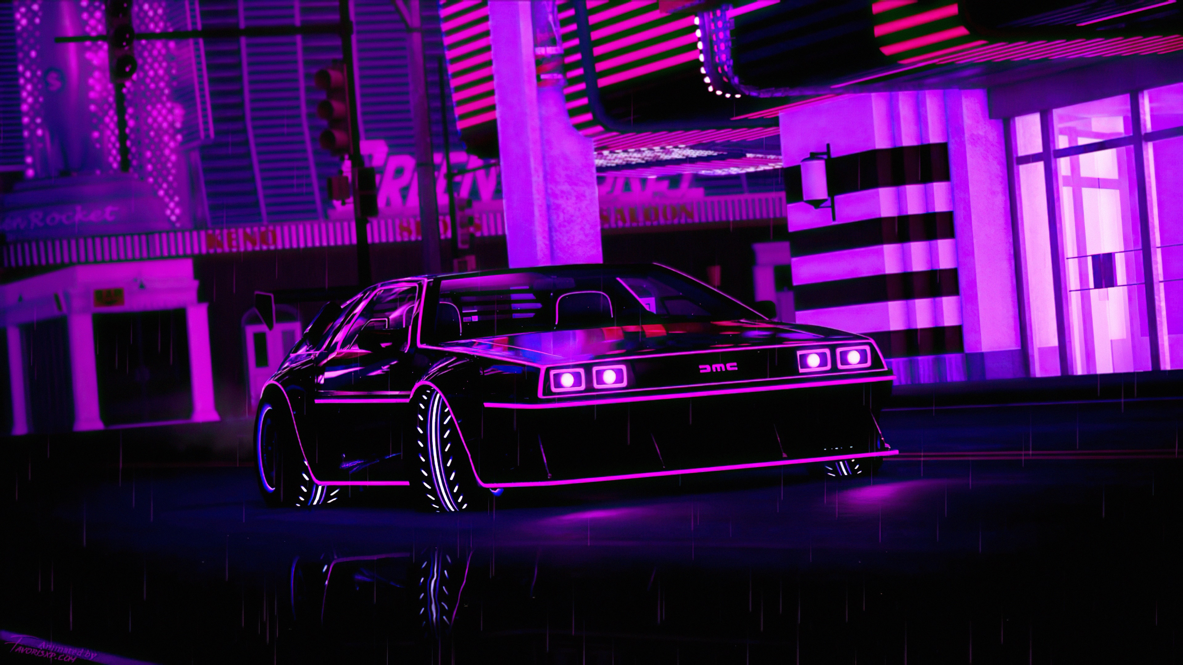 DeLorean car with neon lights in a city at night HD Wallpaper