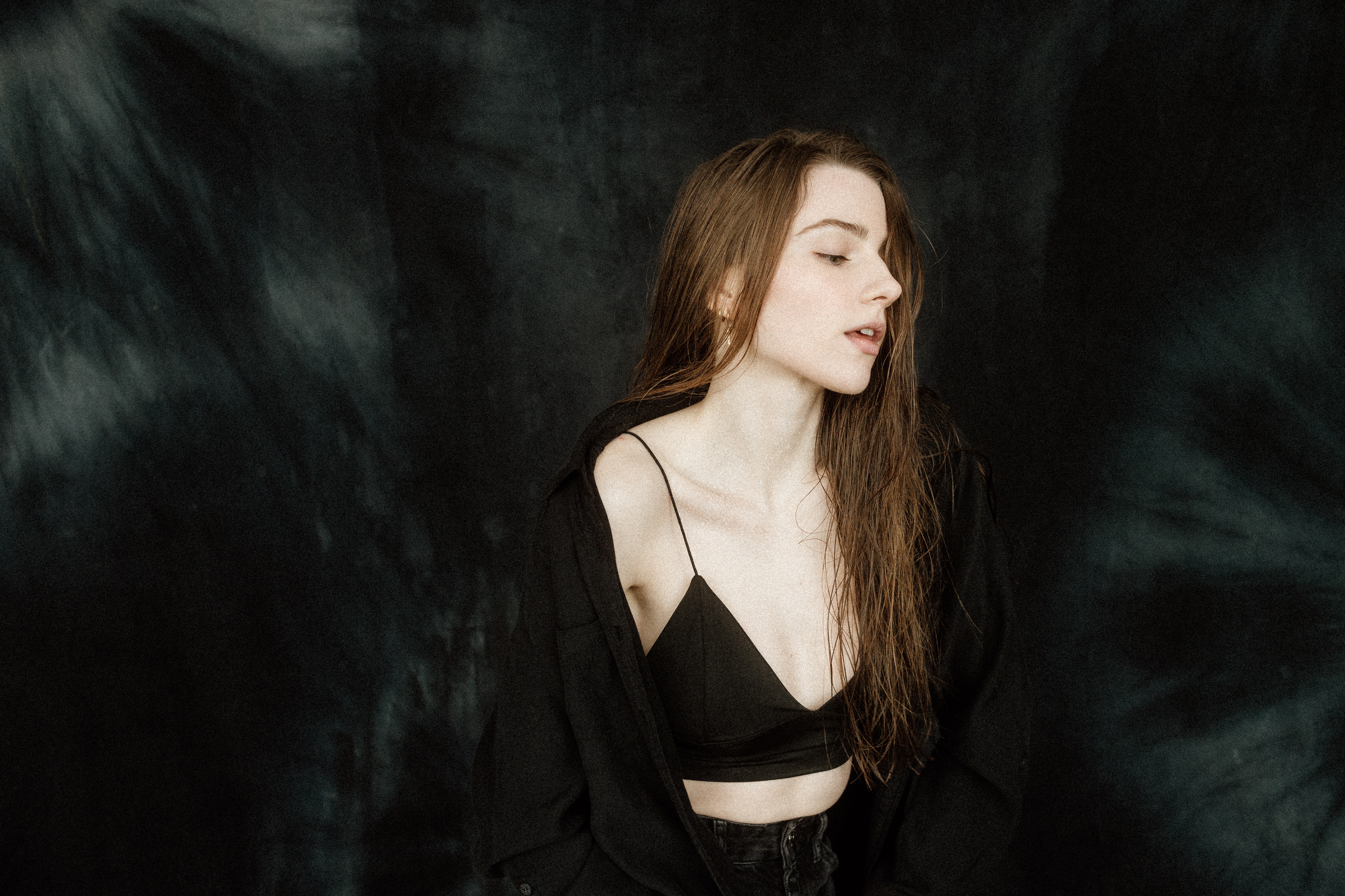 Woman in black bra and open shirt HD Wallpaper