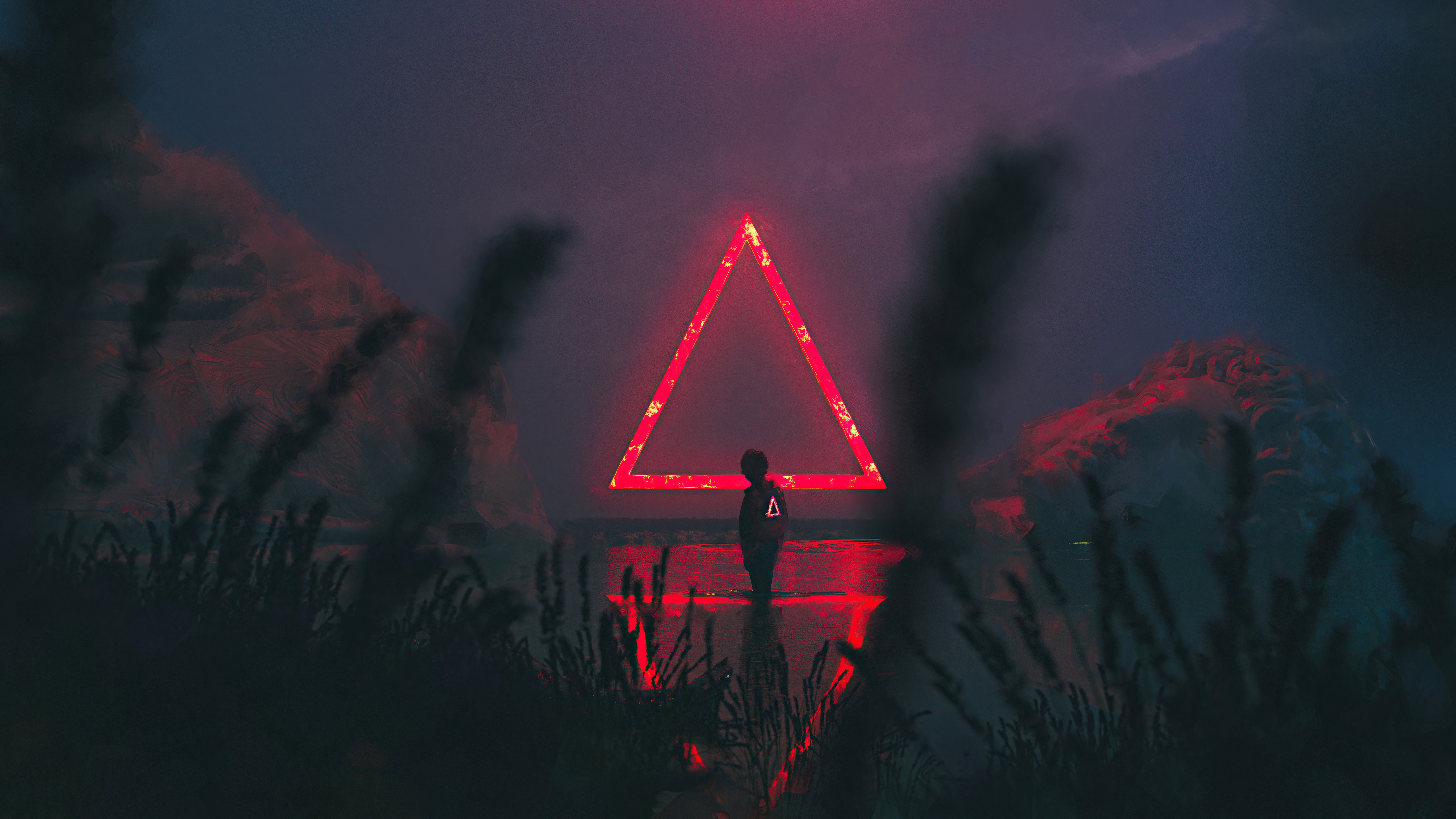 Person standing in front of a glowing red triangle HD Wallpaper