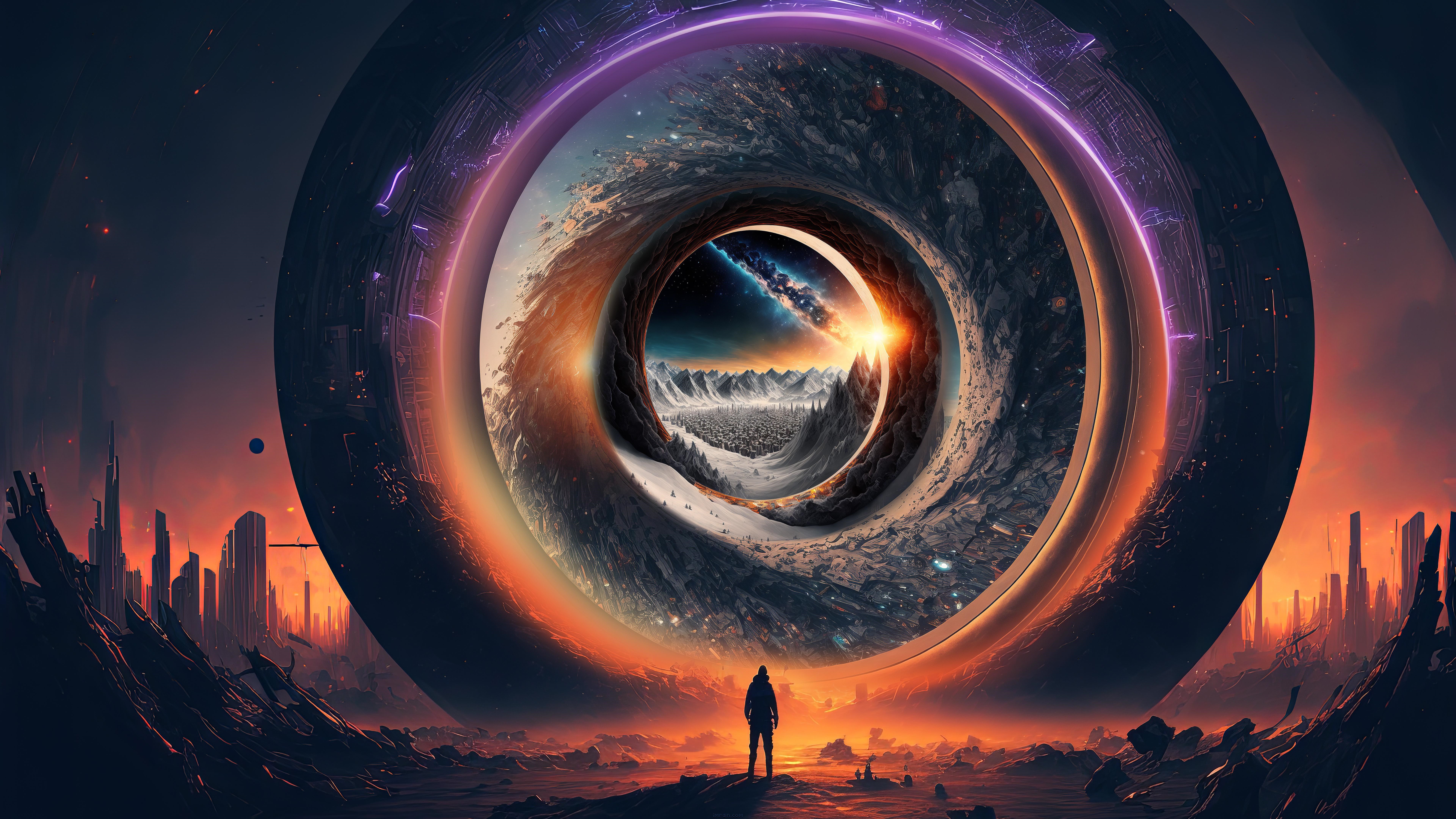 Sci-fi portal with a lone figure in a desolate landscape HD Wallpaper