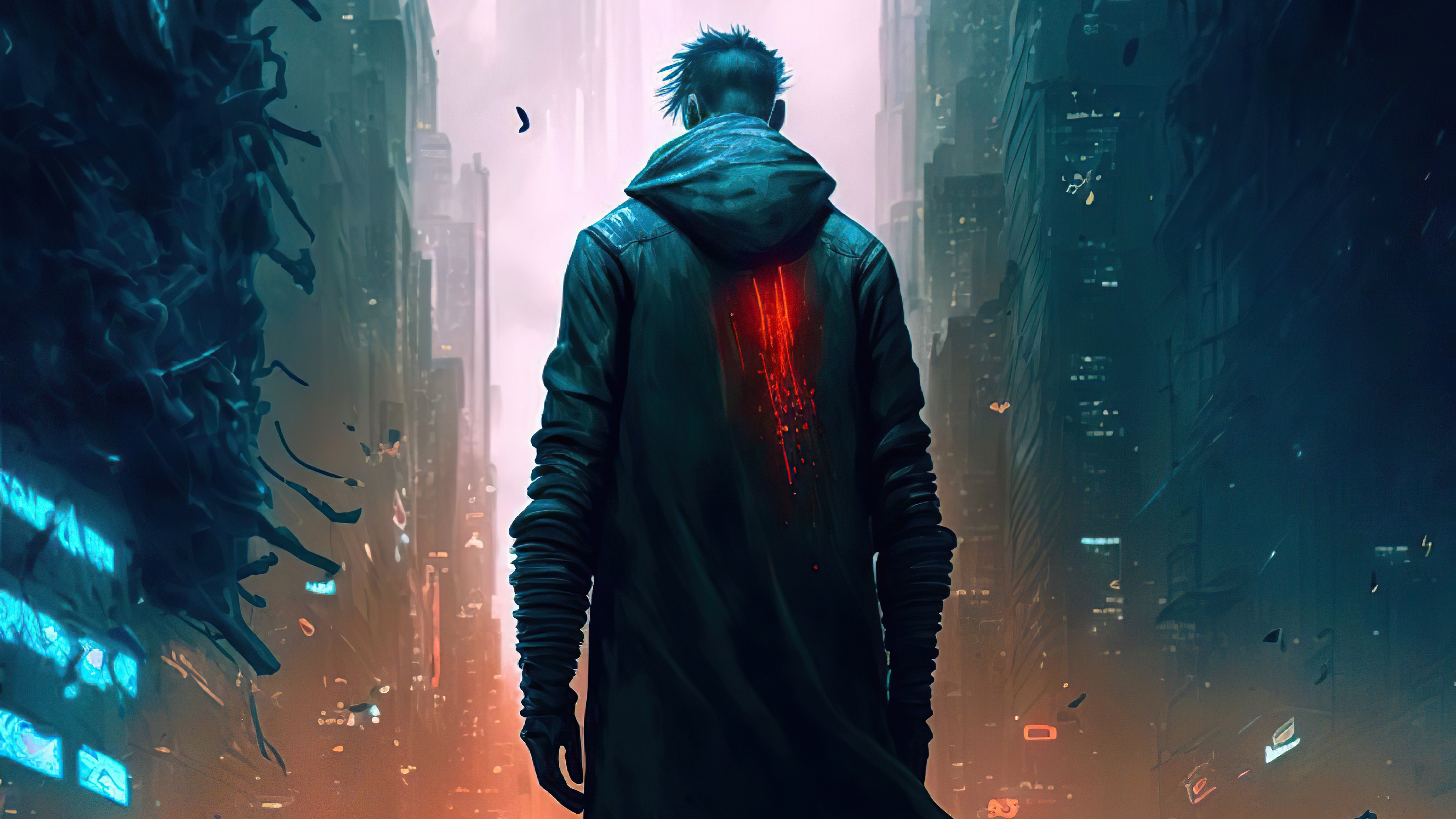 Cyberpunk man with glowing scar in futuristic city 4K HD Wallpaper