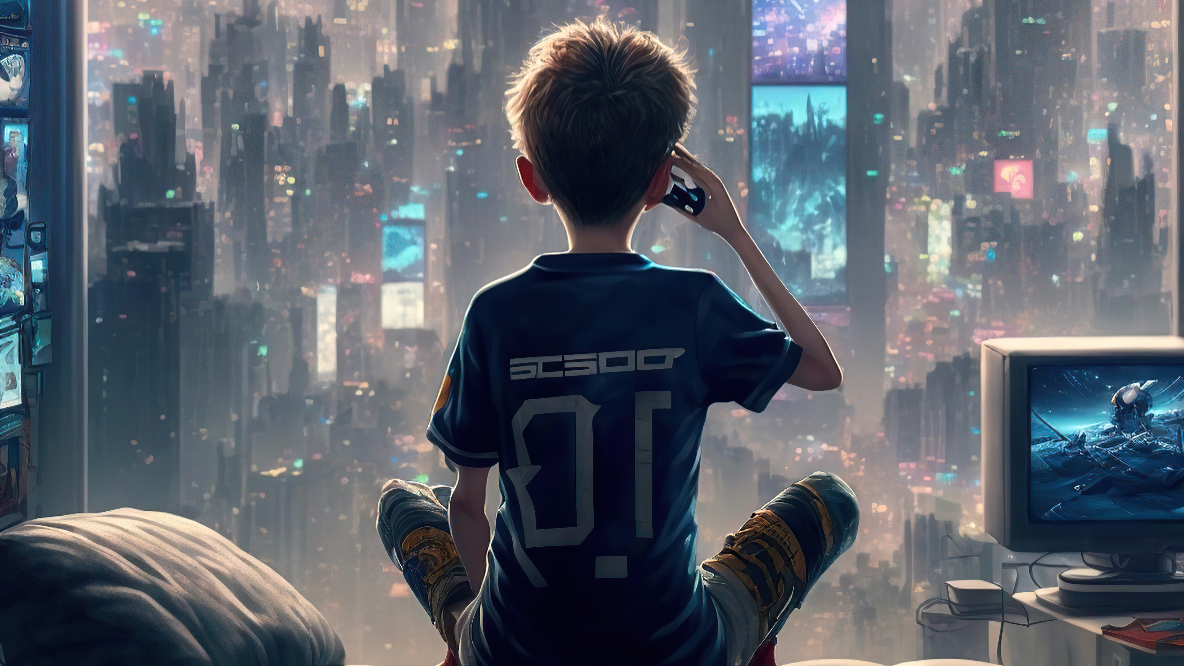 Boy in cyberpunk city looking at screens HD Wallpaper