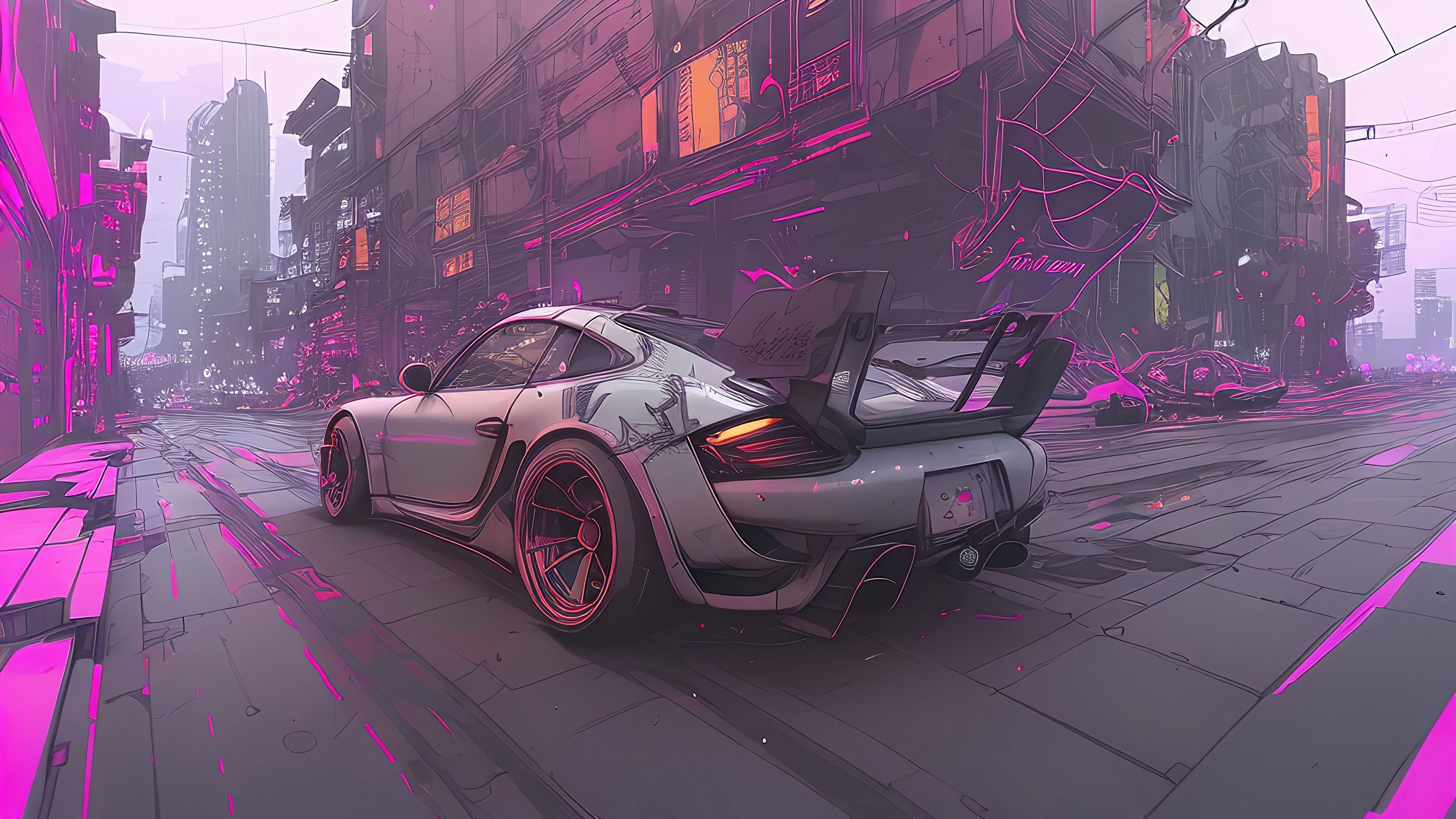 Cyberpunk Porsche 911 in Neon City HD Wallpaper